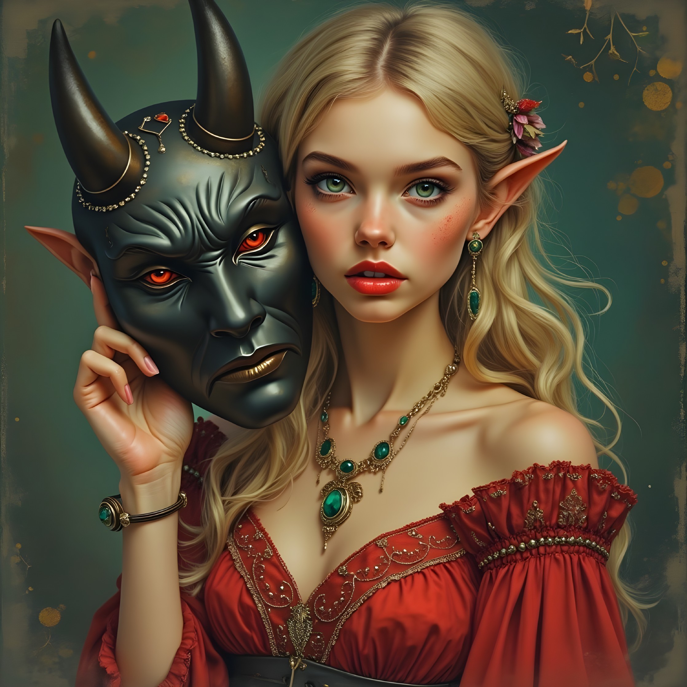 Fantasy Portrait of Young Woman with Horned Mask