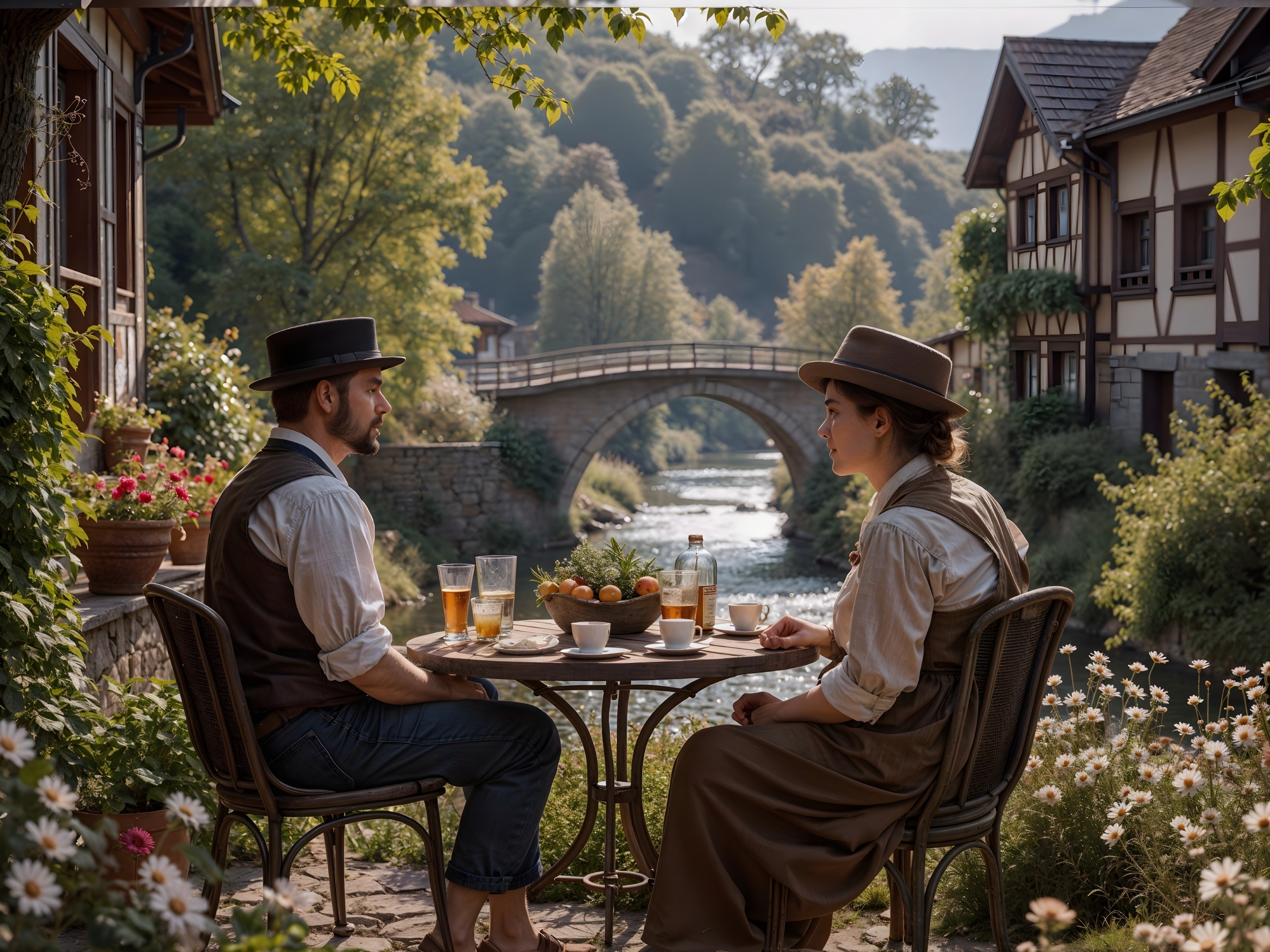 Outdoor Café Scene with Vintage Attire and Nature