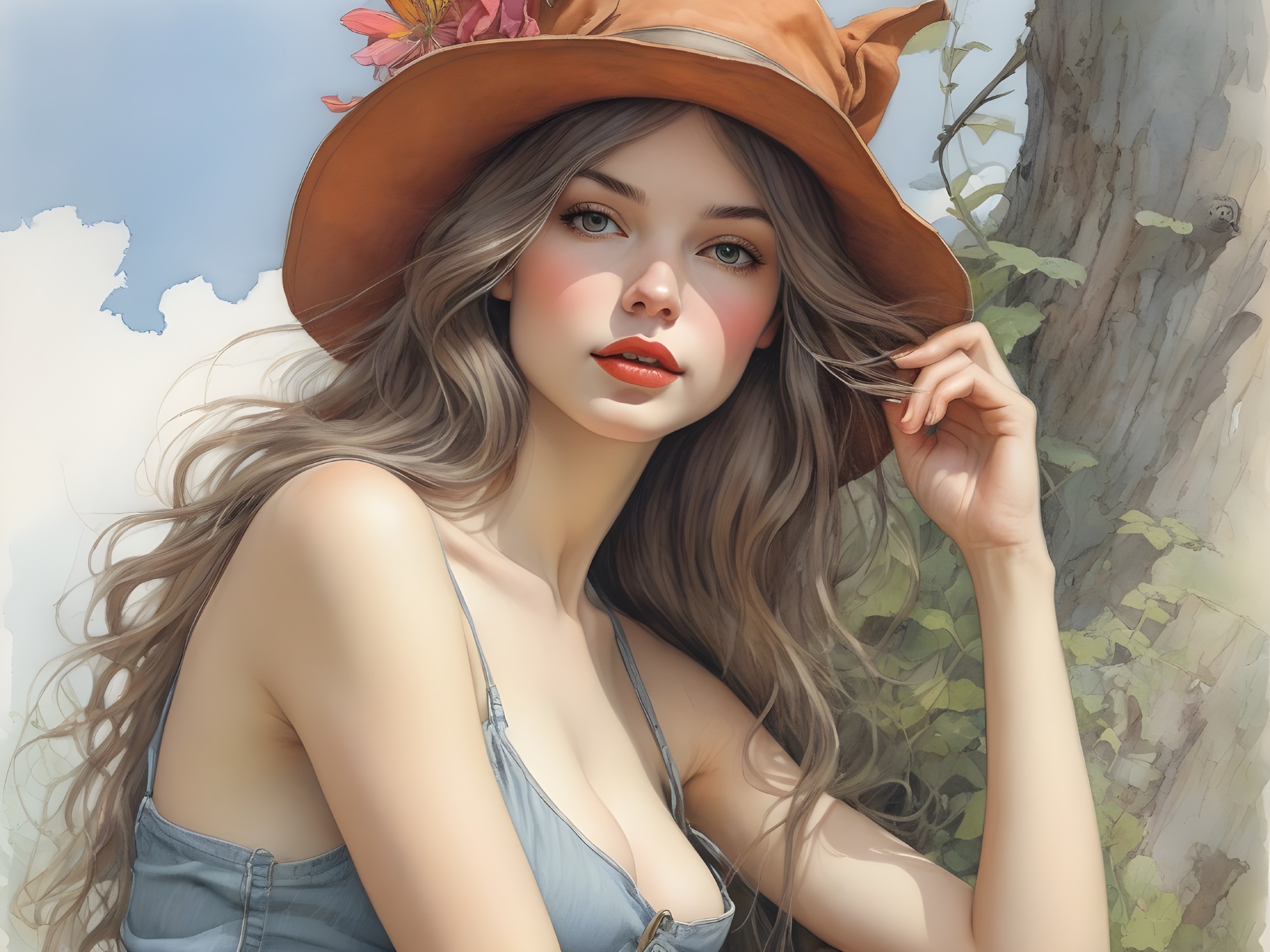 Young Woman in Denim Hat by a Tree in Sunlight