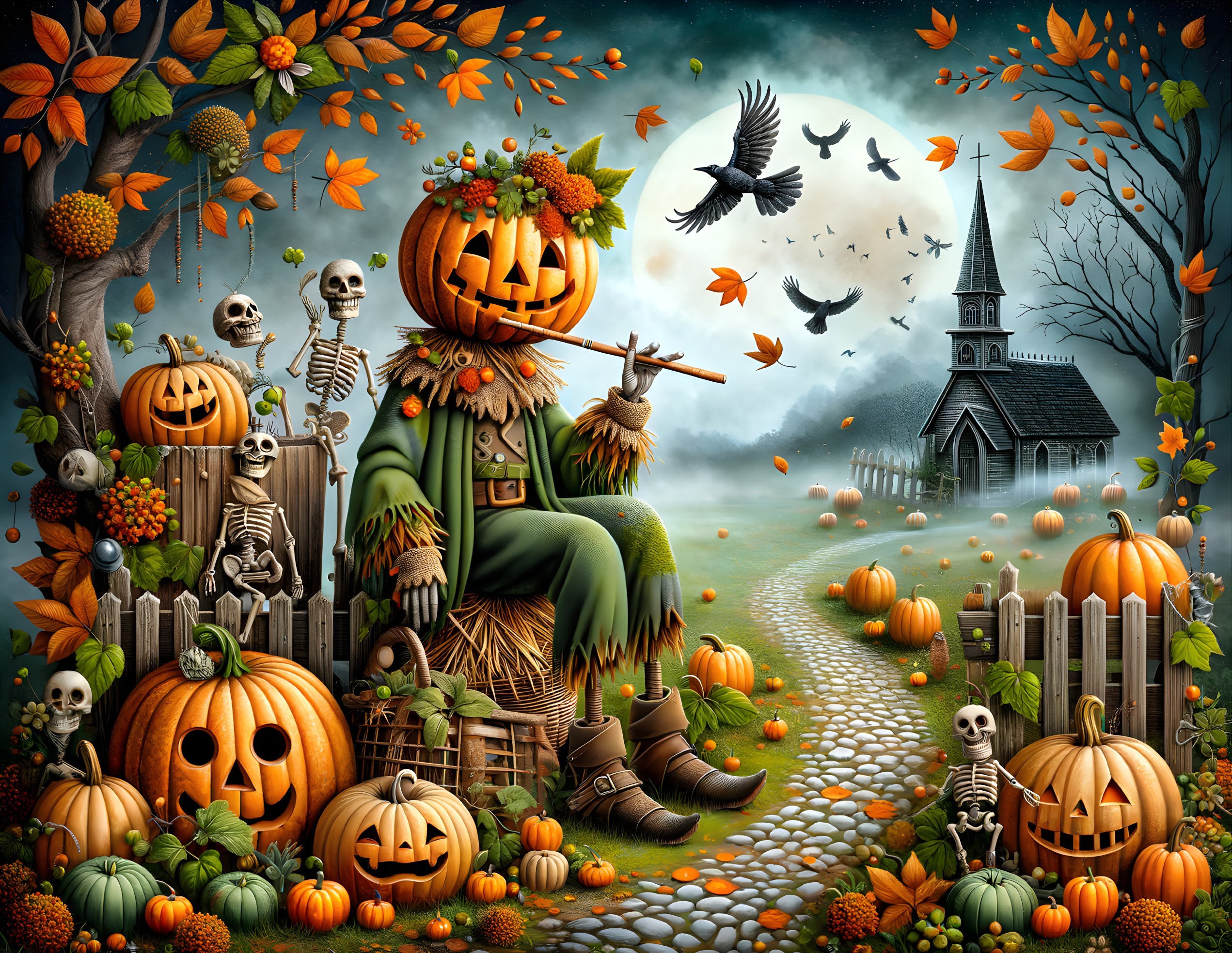 Autumn Scene with Scarecrow, Pumpkins, and Skeletons