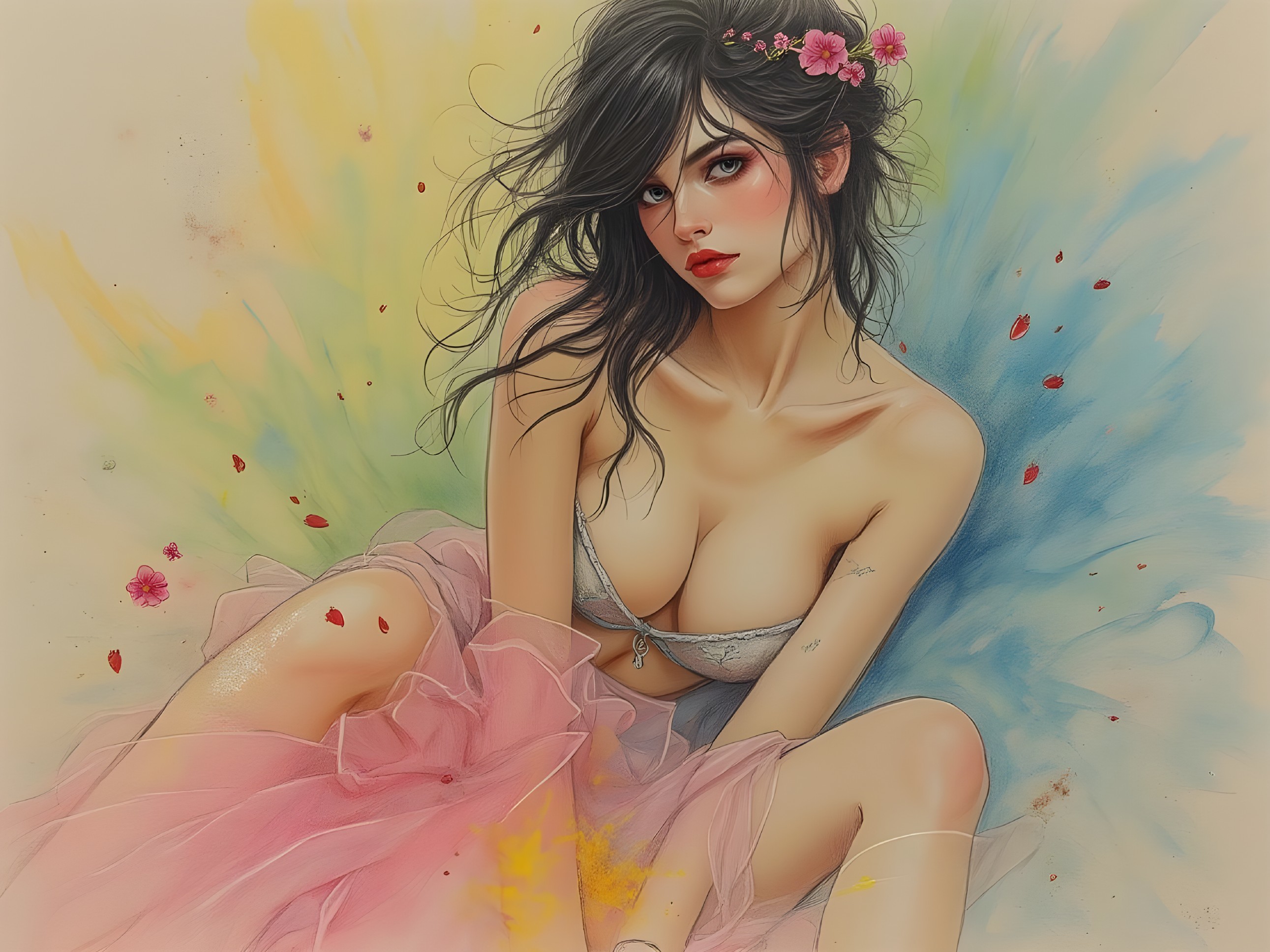 Young Woman with Black Hair in Colorful Setting