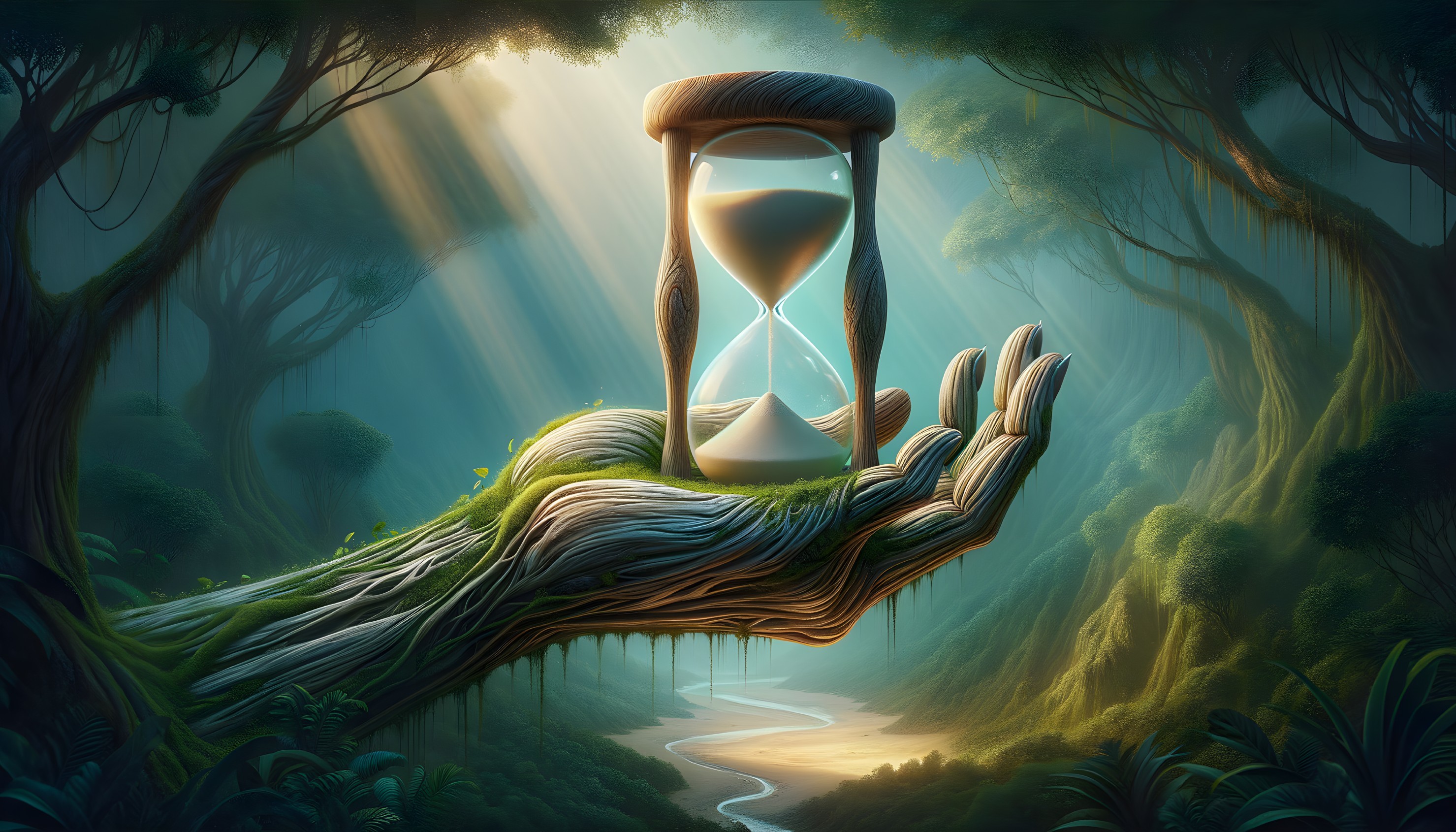 Giant Root Hand Holding Hourglass in Enchanted Forest