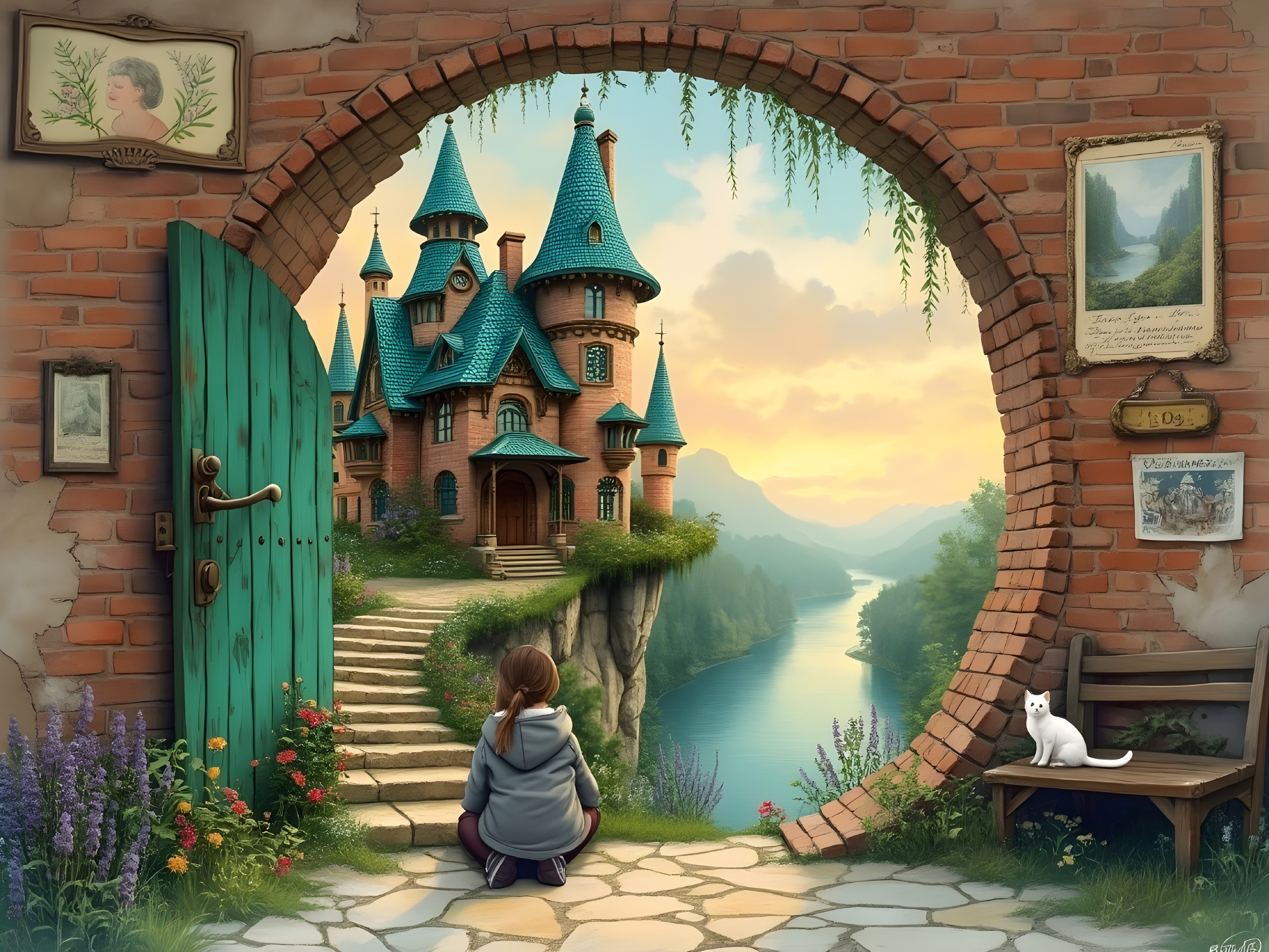 Charming Castle Scene with Girl and Cat by River