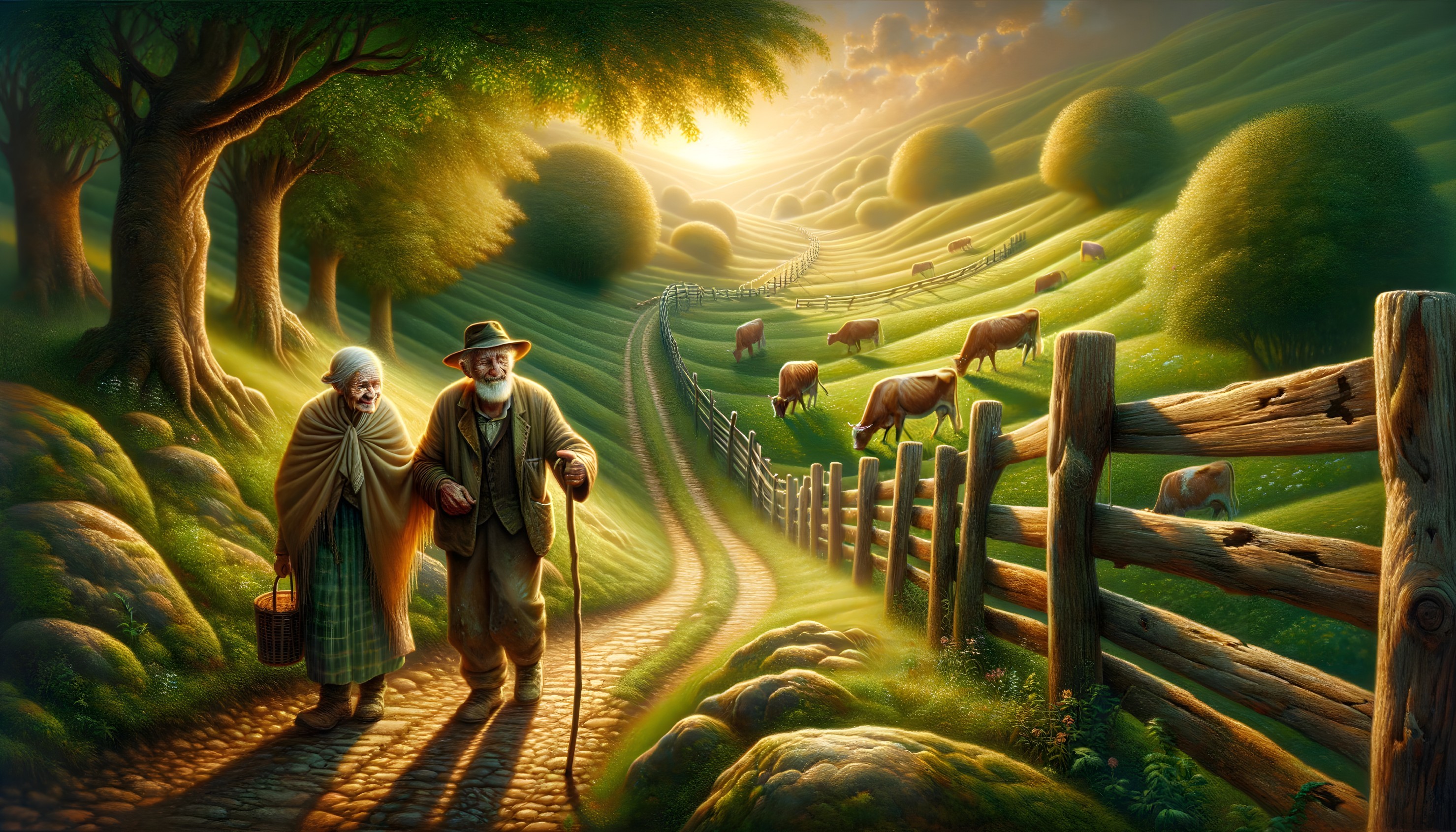 Elderly Couple Walking in Serene Countryside Scene