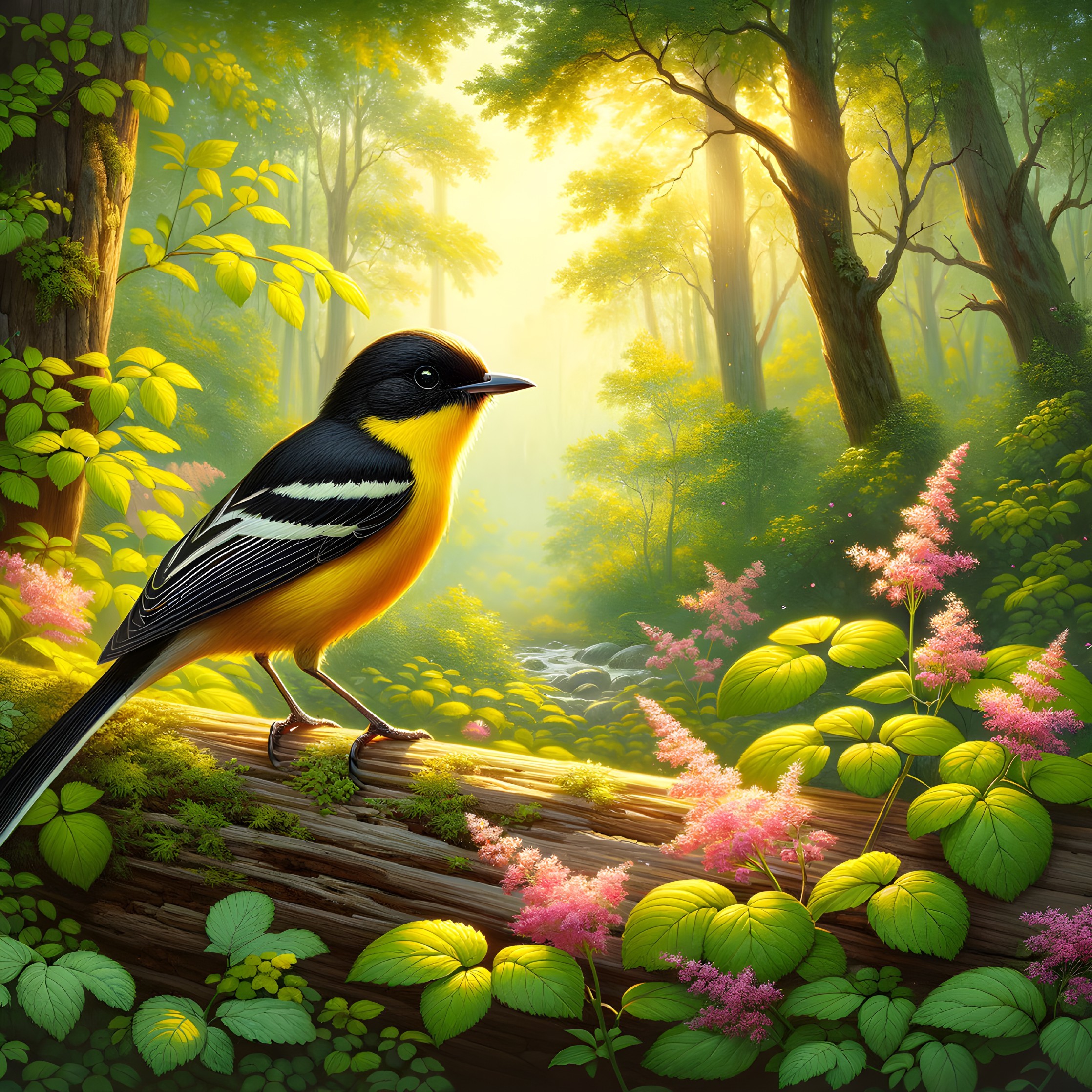 Yellow and Black Bird in Serene Forest Setting