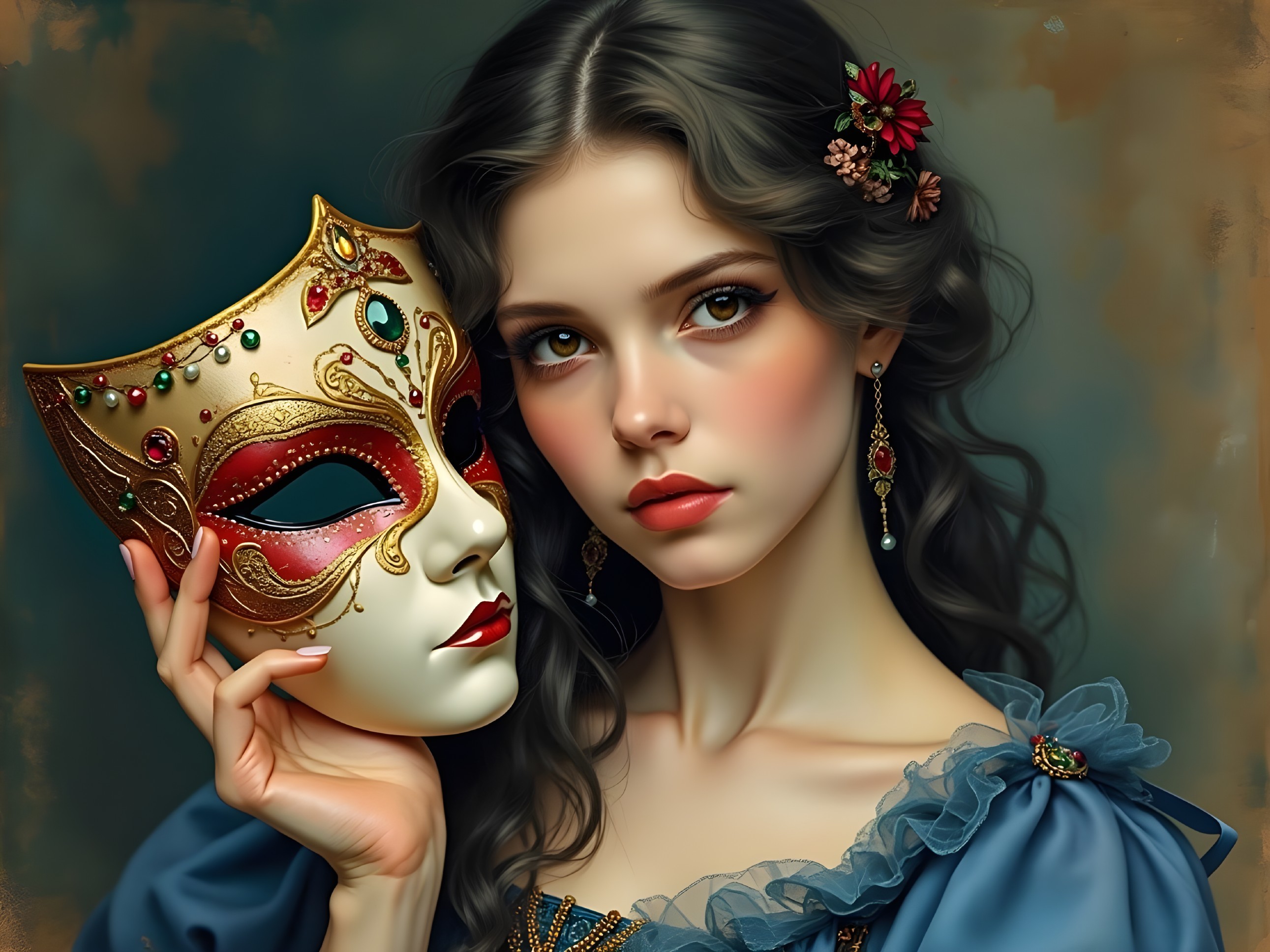 Young woman with ornate mask and elegant dress