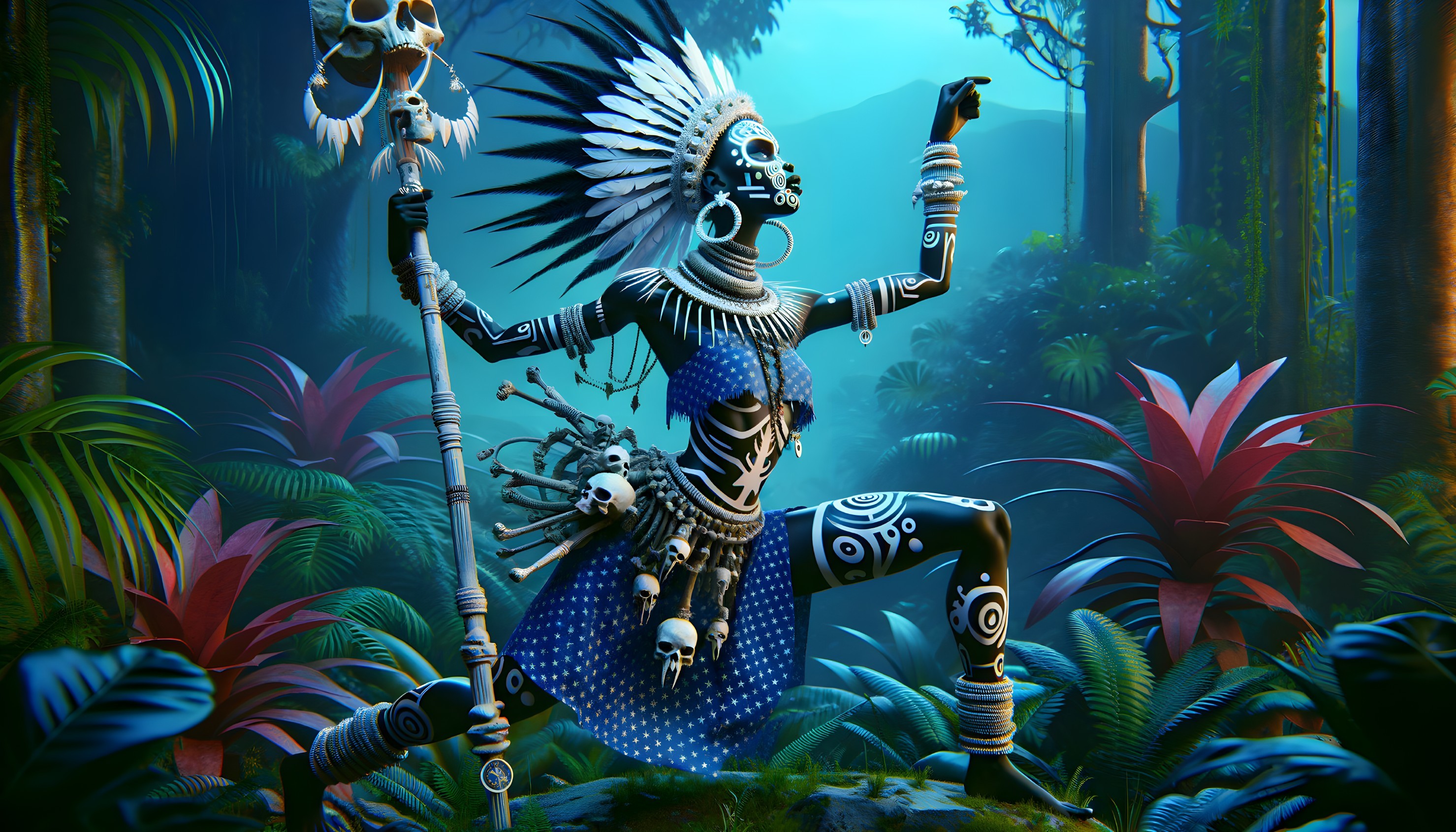 Tribal Figure in Vibrant Jungle with Body Paint and Jewelry