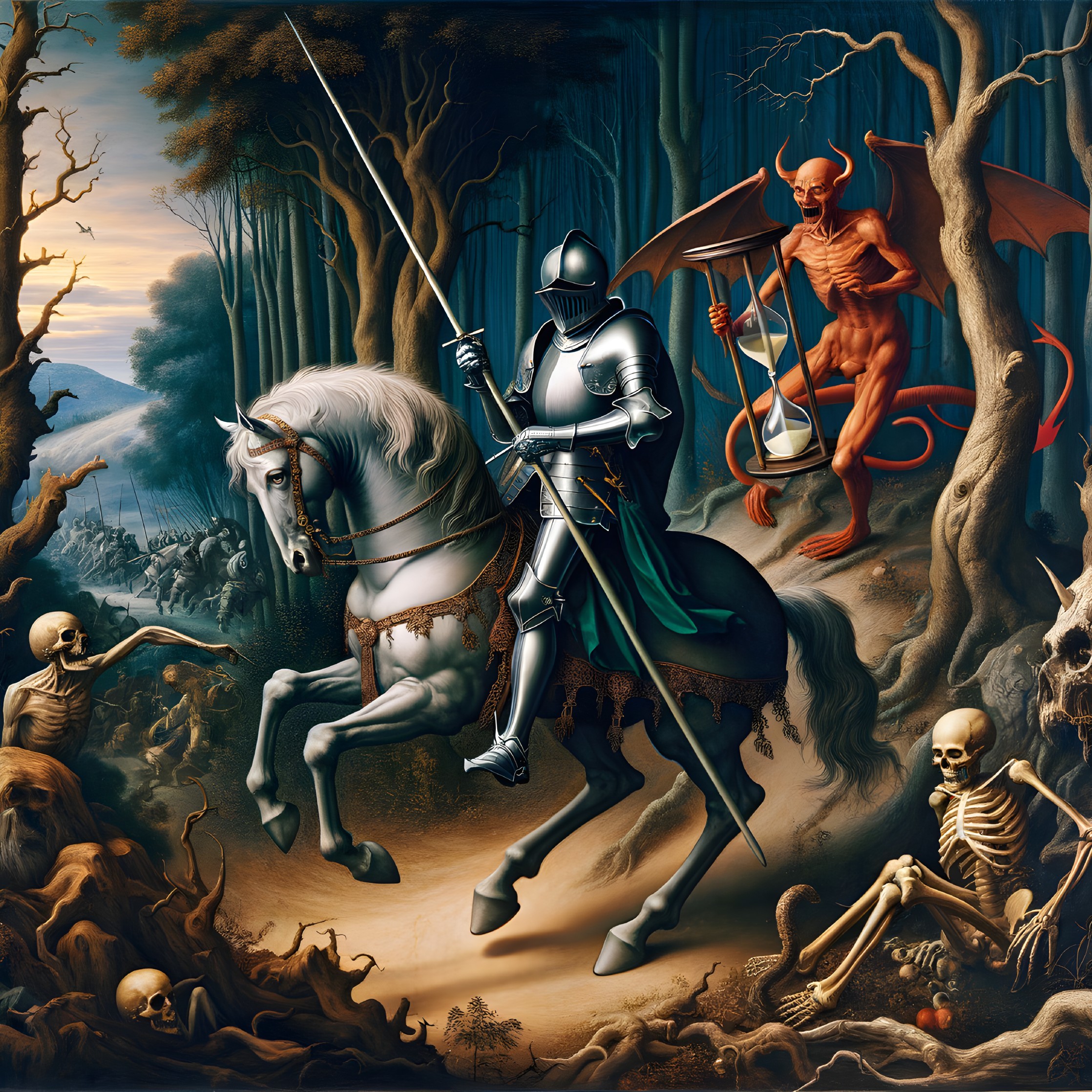 Knight battles winged demon in dark forest with skeletons