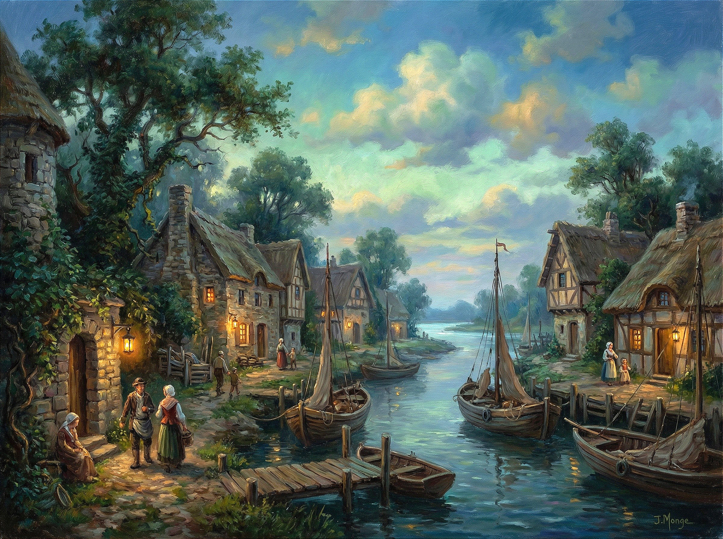 Serene English Countryside Village at Dusk Painting