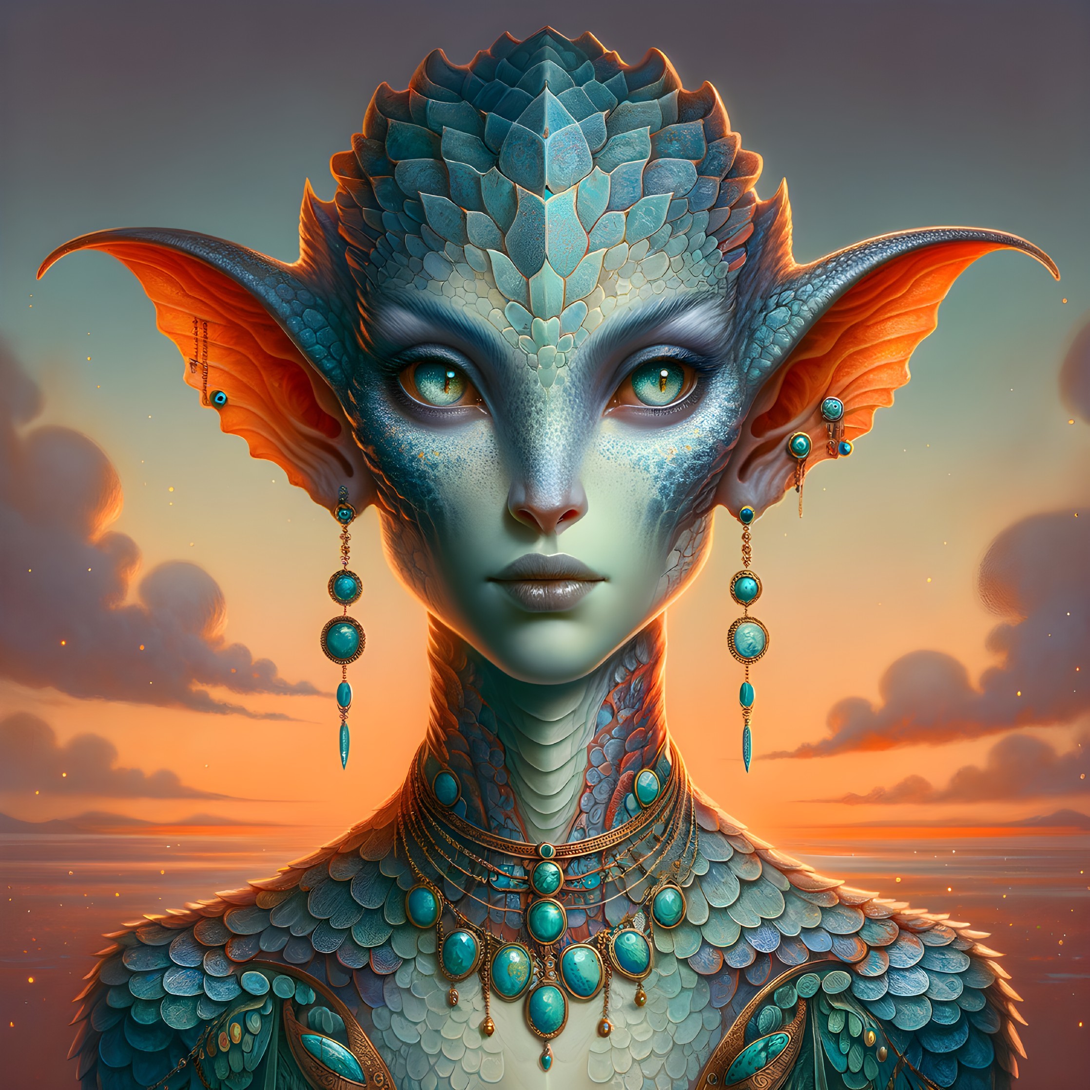 Humanoid Figure with Reptilian Traits at Sunset