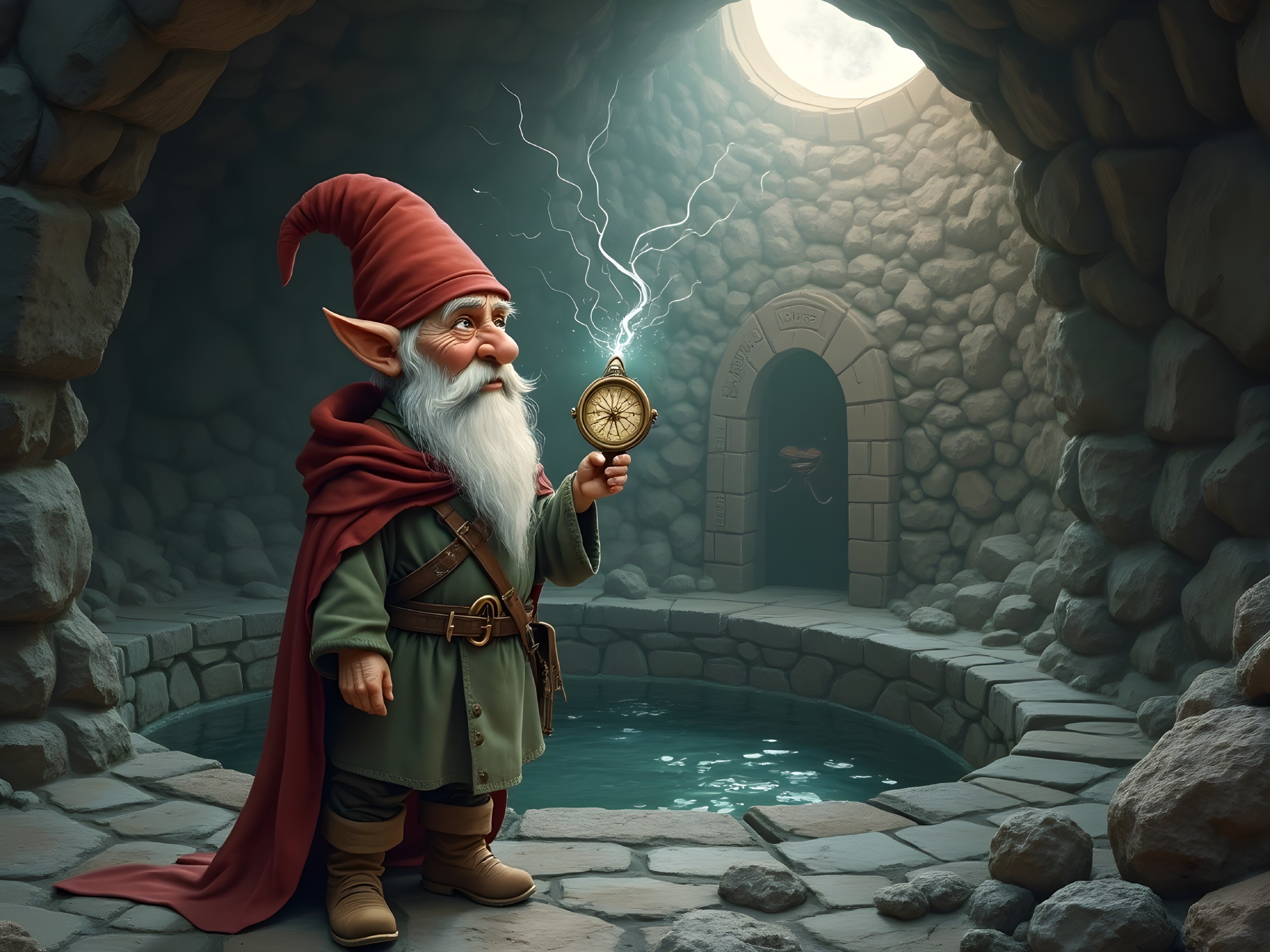 Gnome in Stone Chamber by Magical Pool with Compass