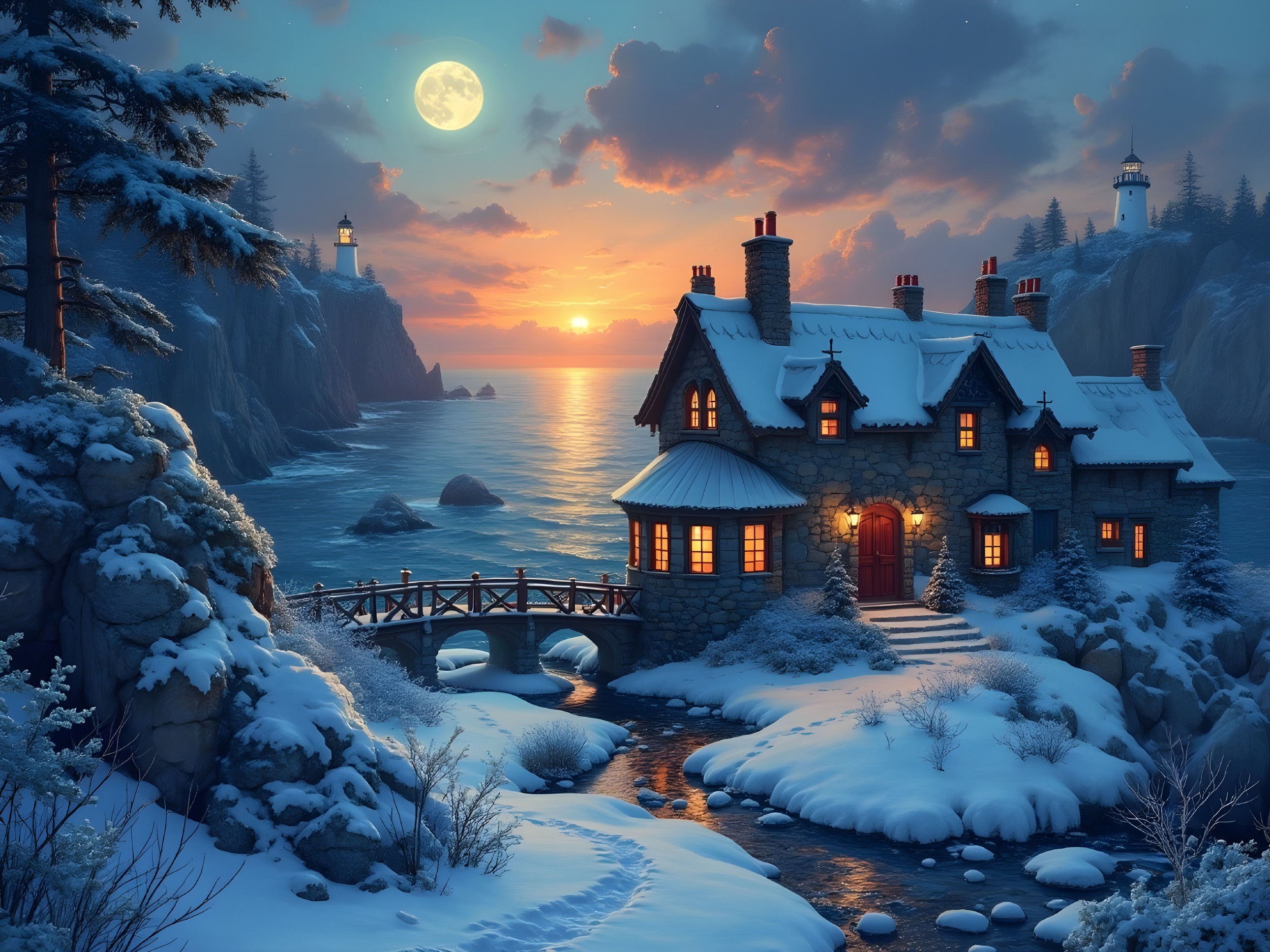 Snow-Covered Cottage by Serene Coastal Landscape
