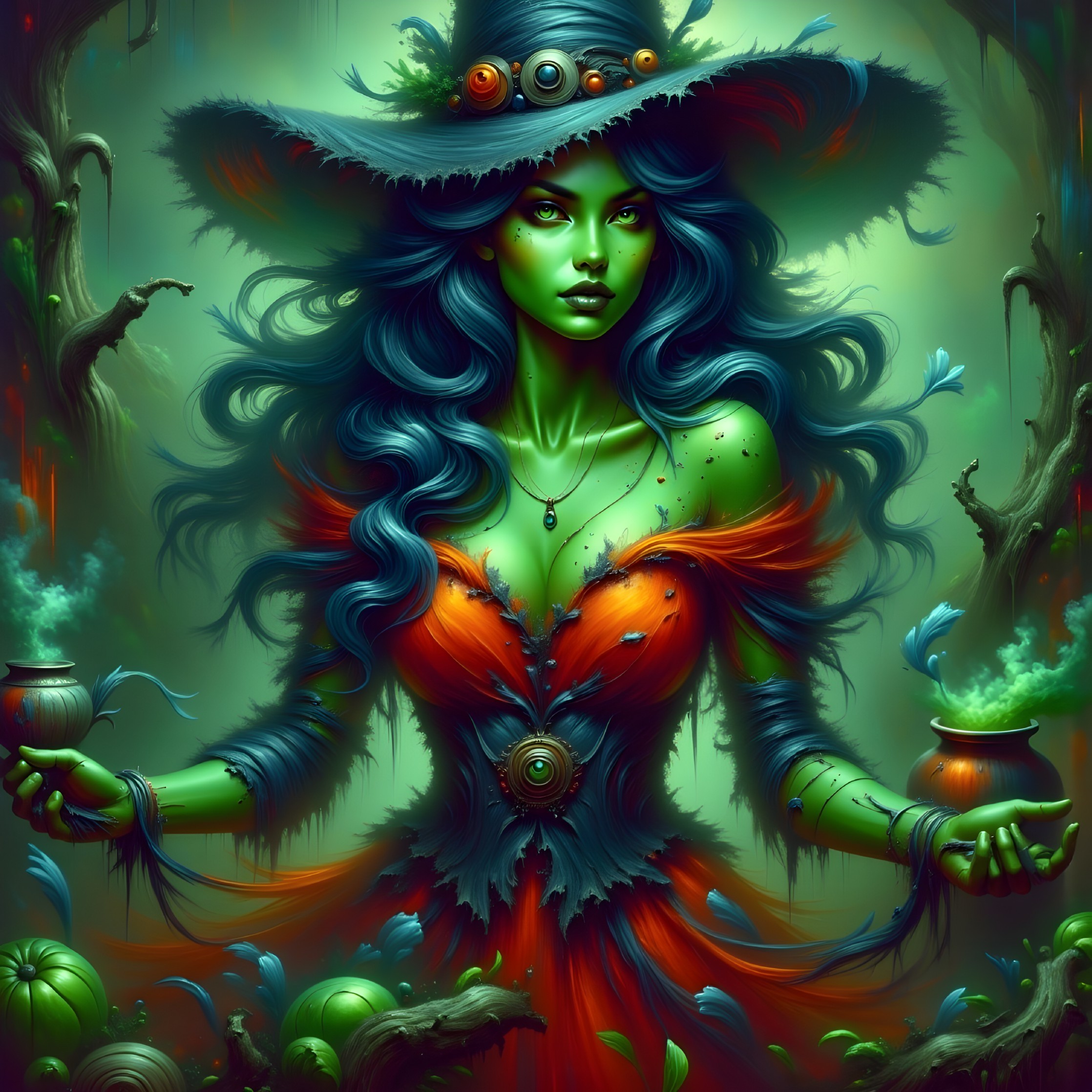 Mystical Green-Skinned Witch in Enchanted Forest