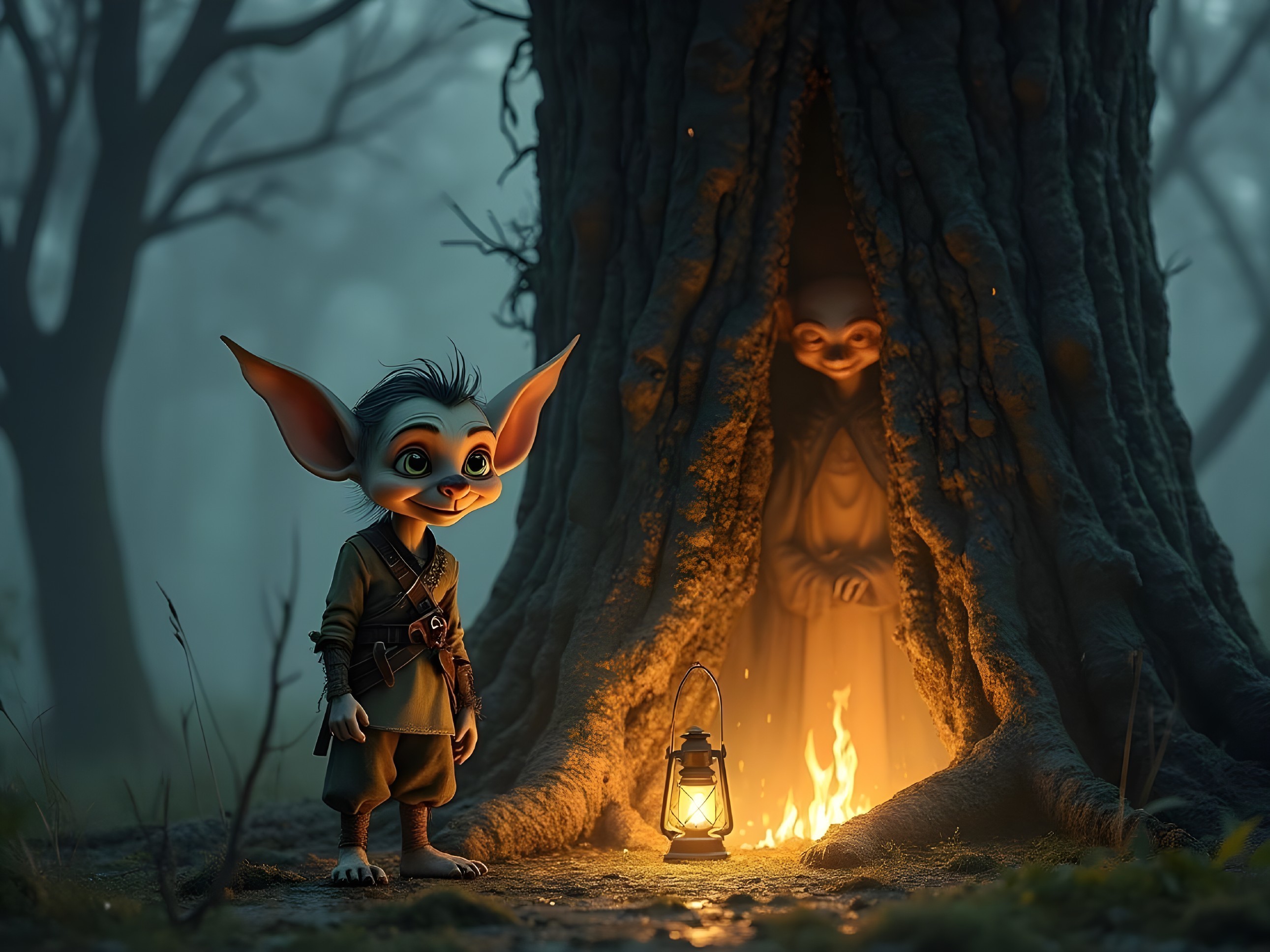 Cheerful Goblin in Enchanted Misty Forest Scene