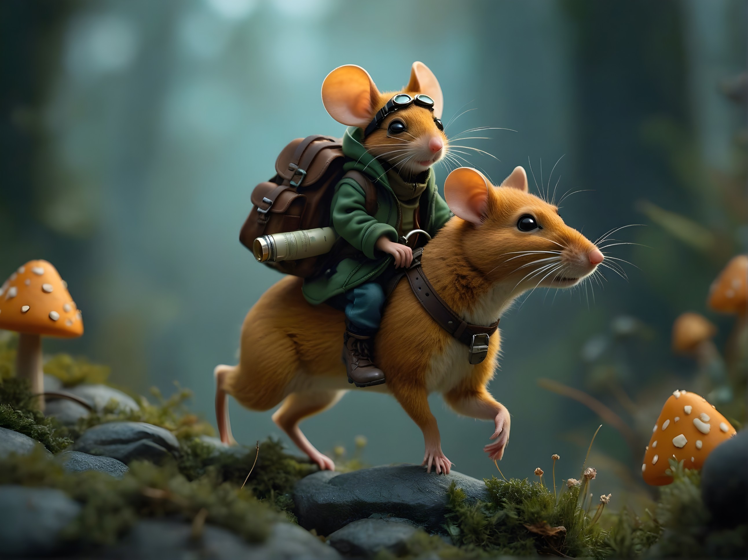 Adventurous Mouse and Furry Companion in Forest Setting