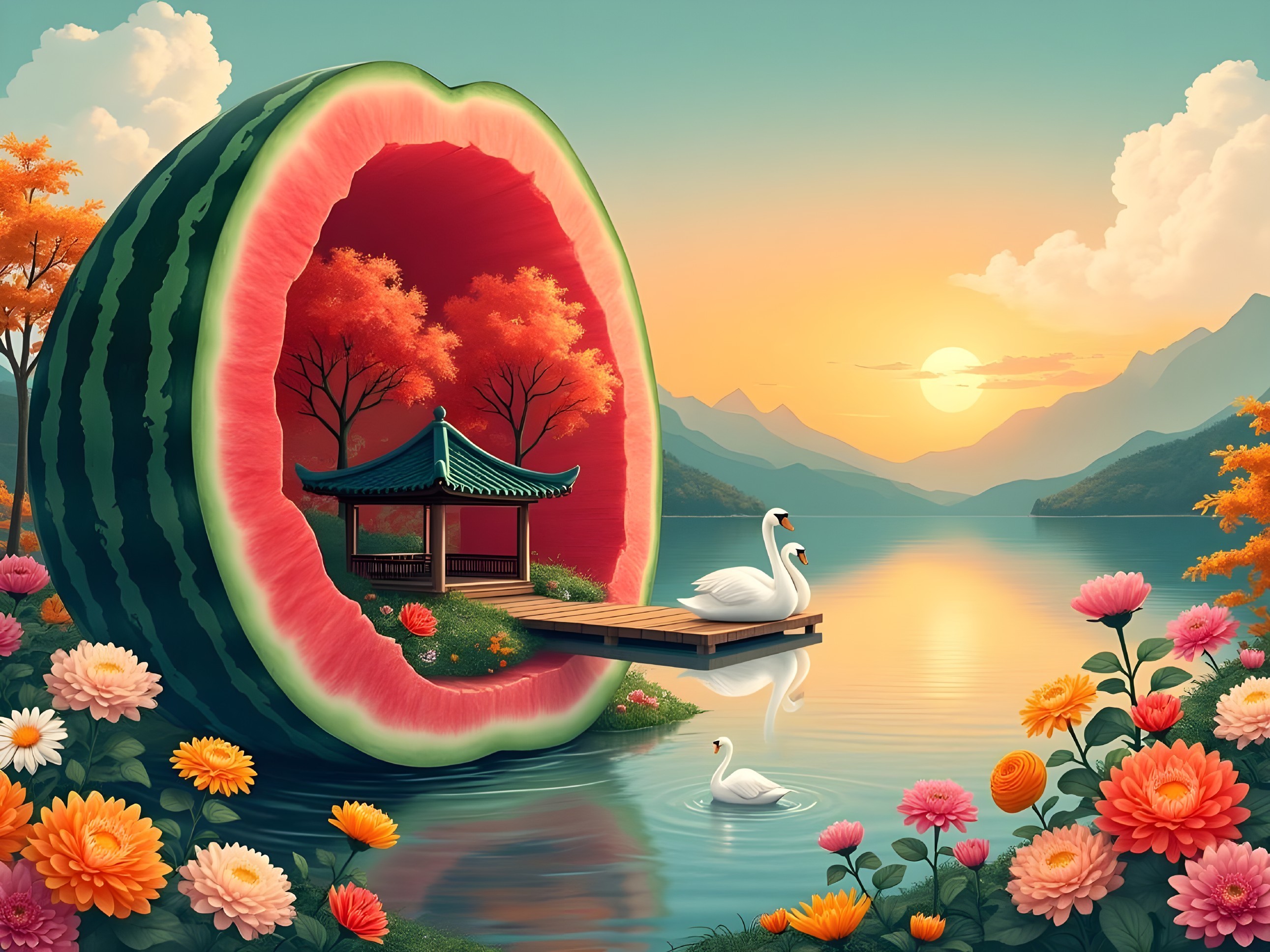 Watermelon Landscape with Pagoda and Swans