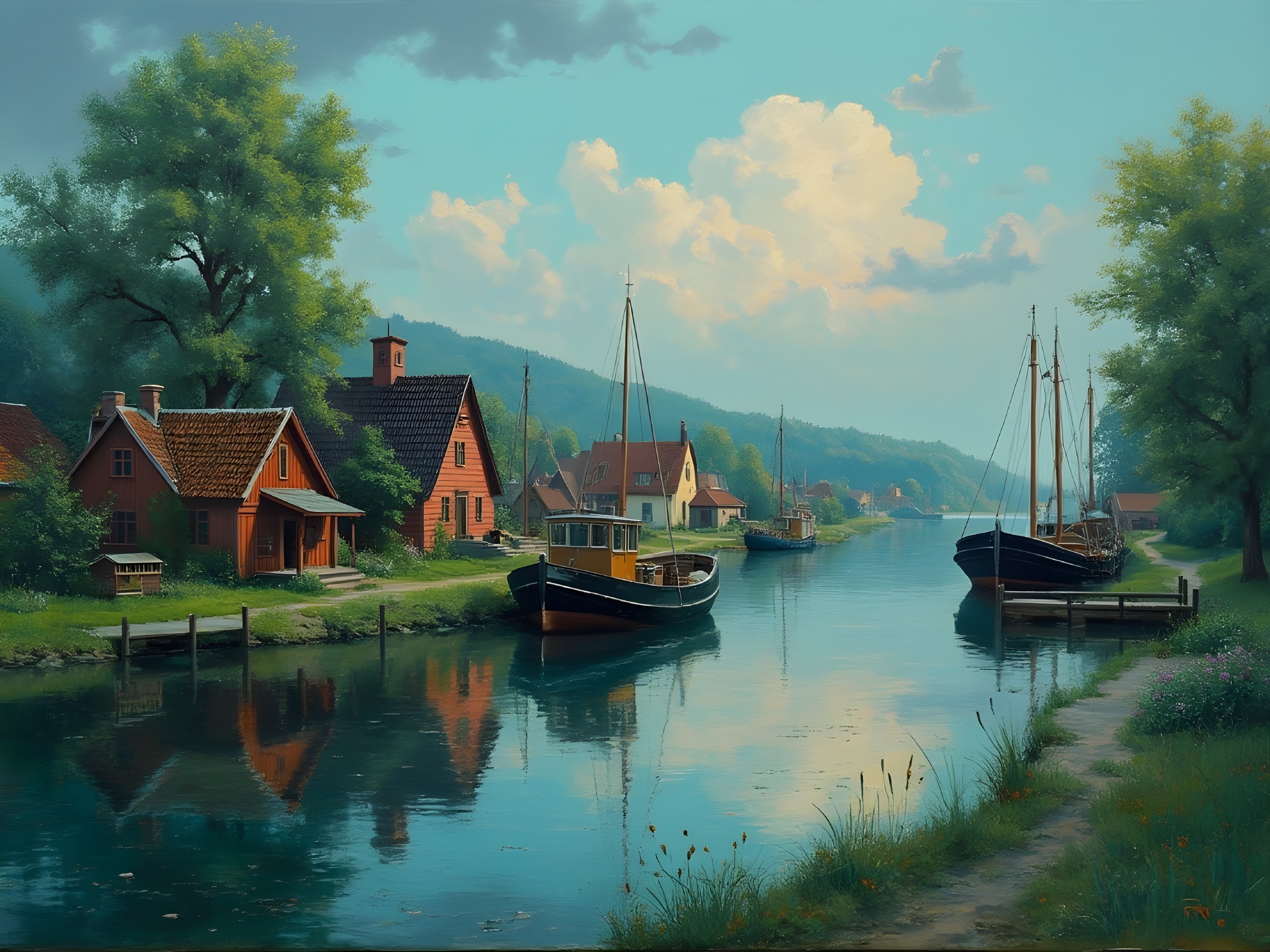 Tranquil River Landscape with Quaint Houses and Boats