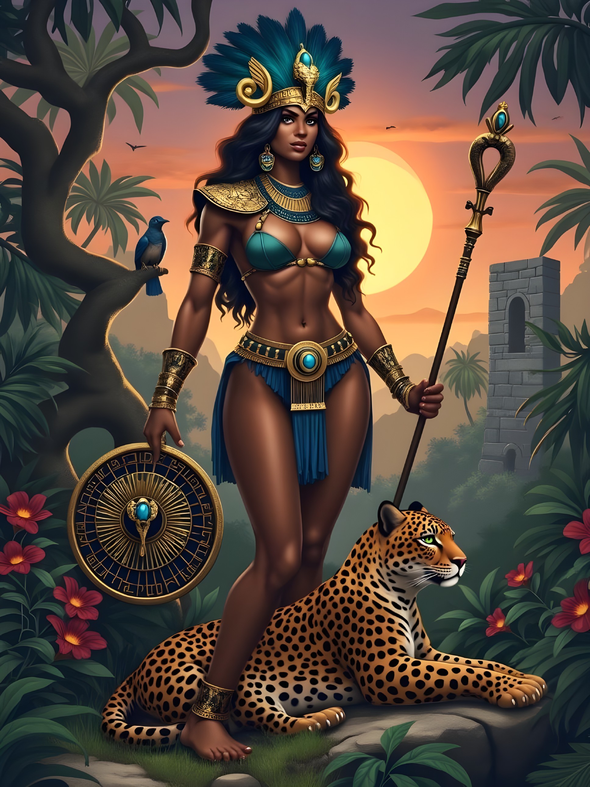 Warrior Woman in Turquoise Attire in Jungle Setting