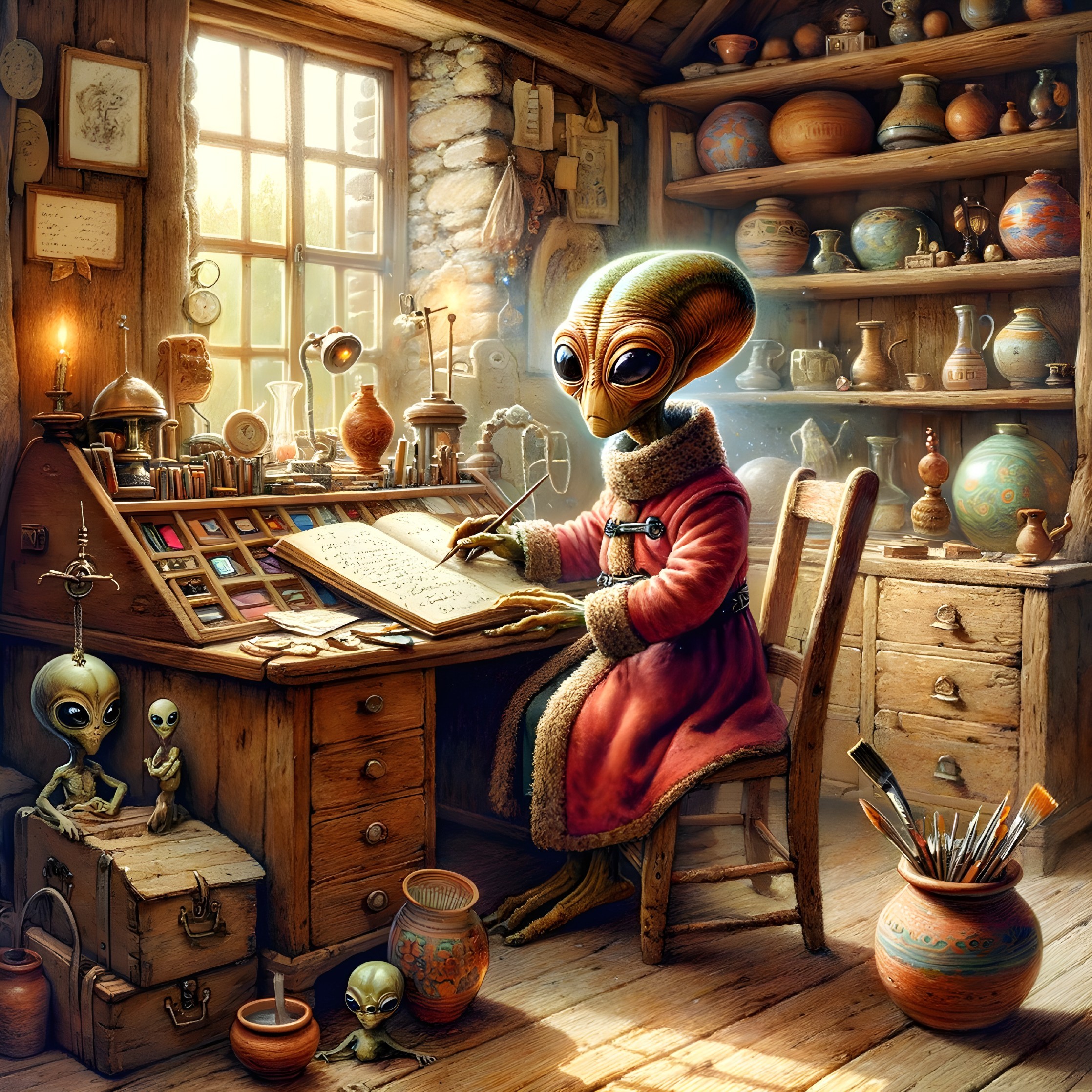 Alien Artist Painting Pottery in Rustic Workshop