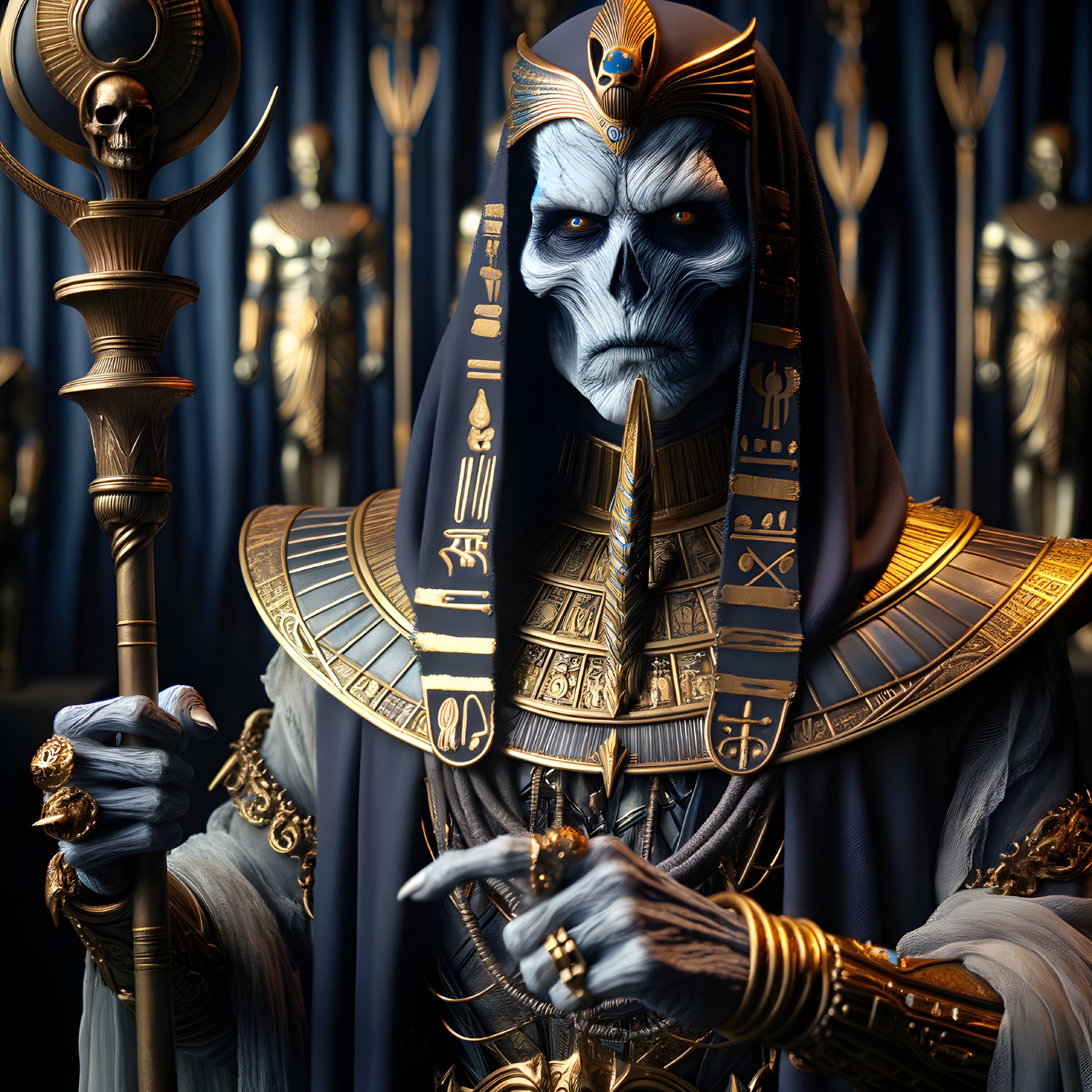 Ancient Egyptian Deity with Gold and Blue Regalia