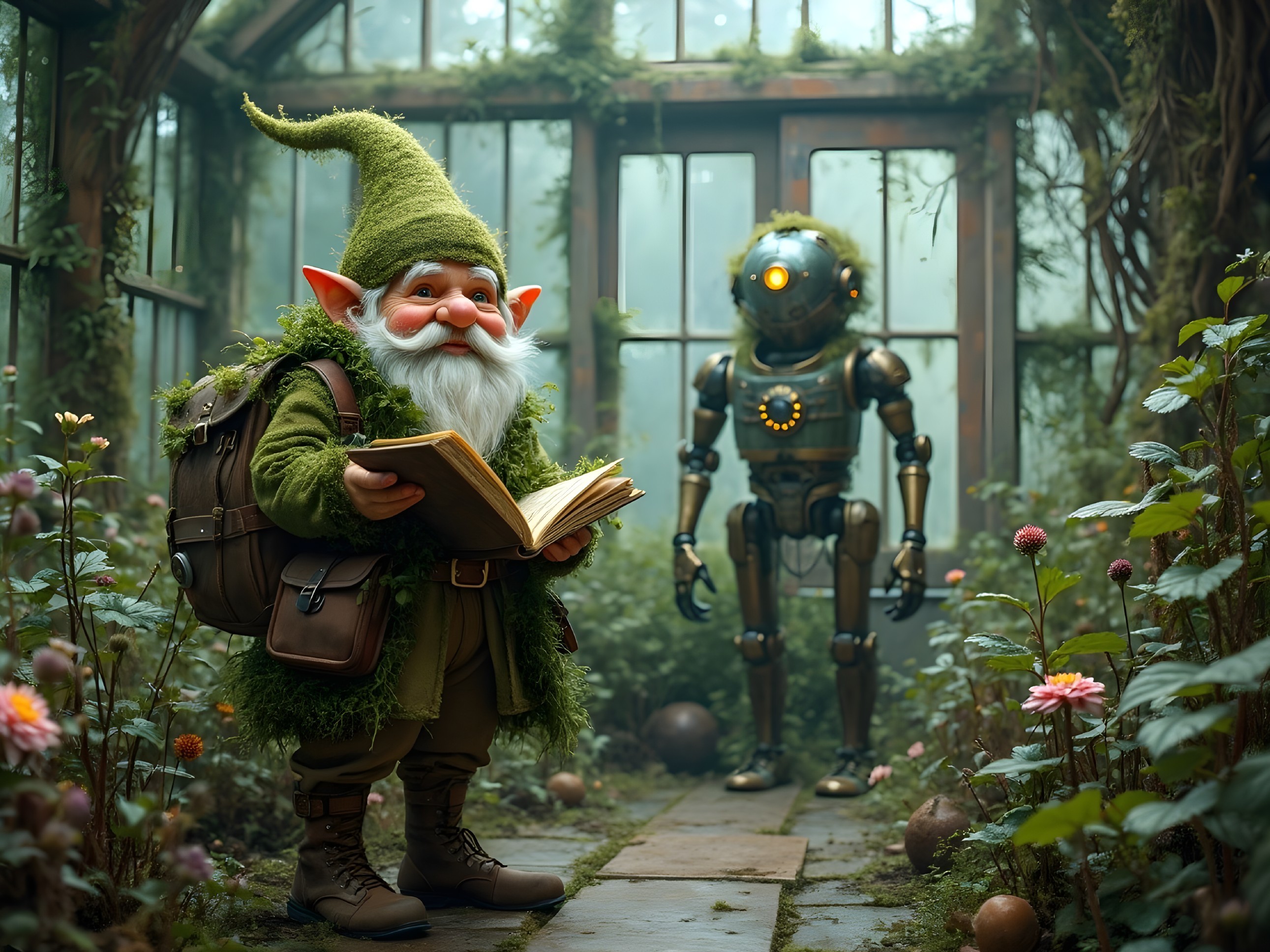 Gnome and Robot in a Magical Greenhouse Setting