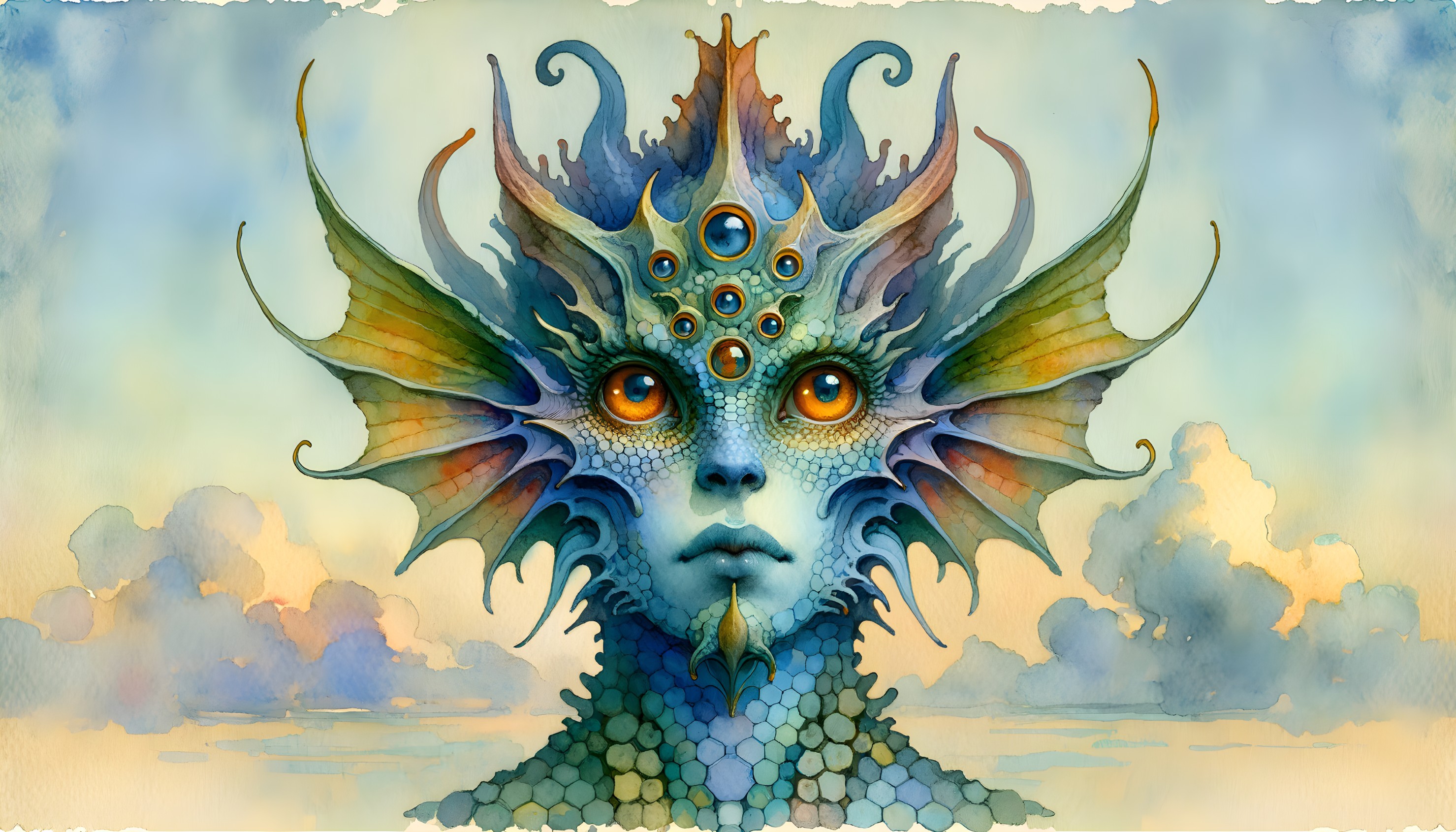 Mystical Figure with Scales and Vibrant Colors