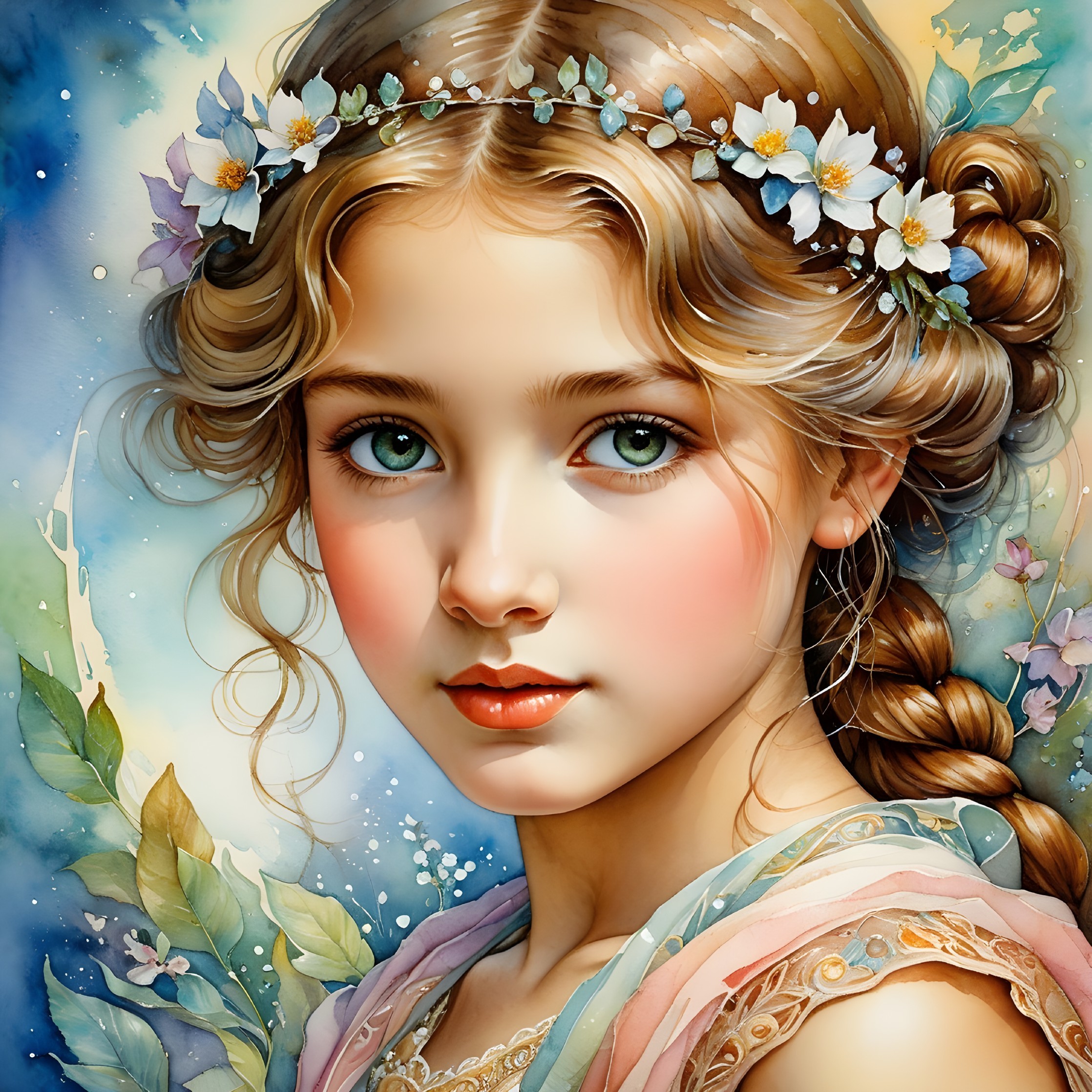 Portrait of a young girl with floral crown and soft dress