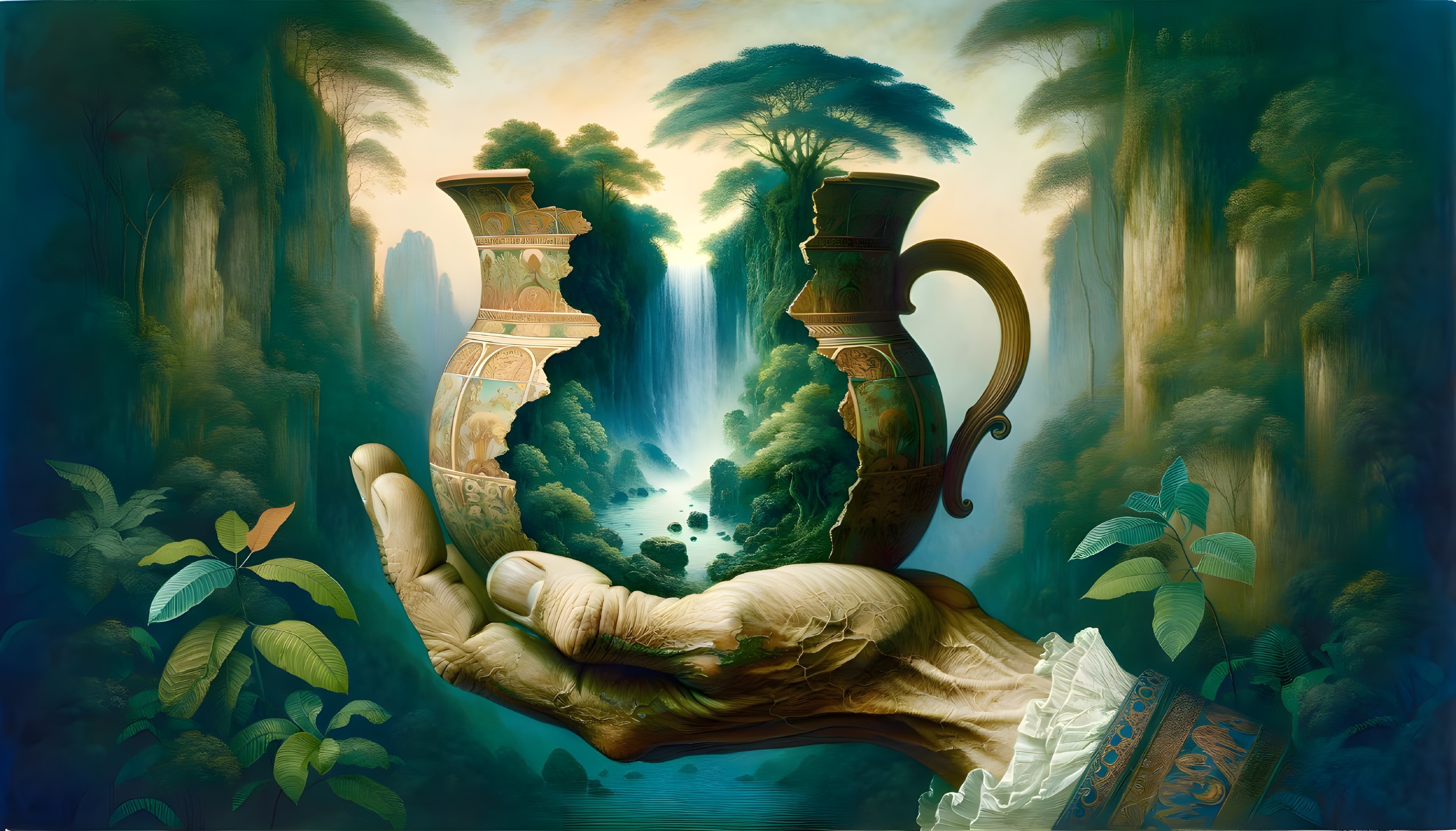 Ornate vase with serene landscape and waterfall scene