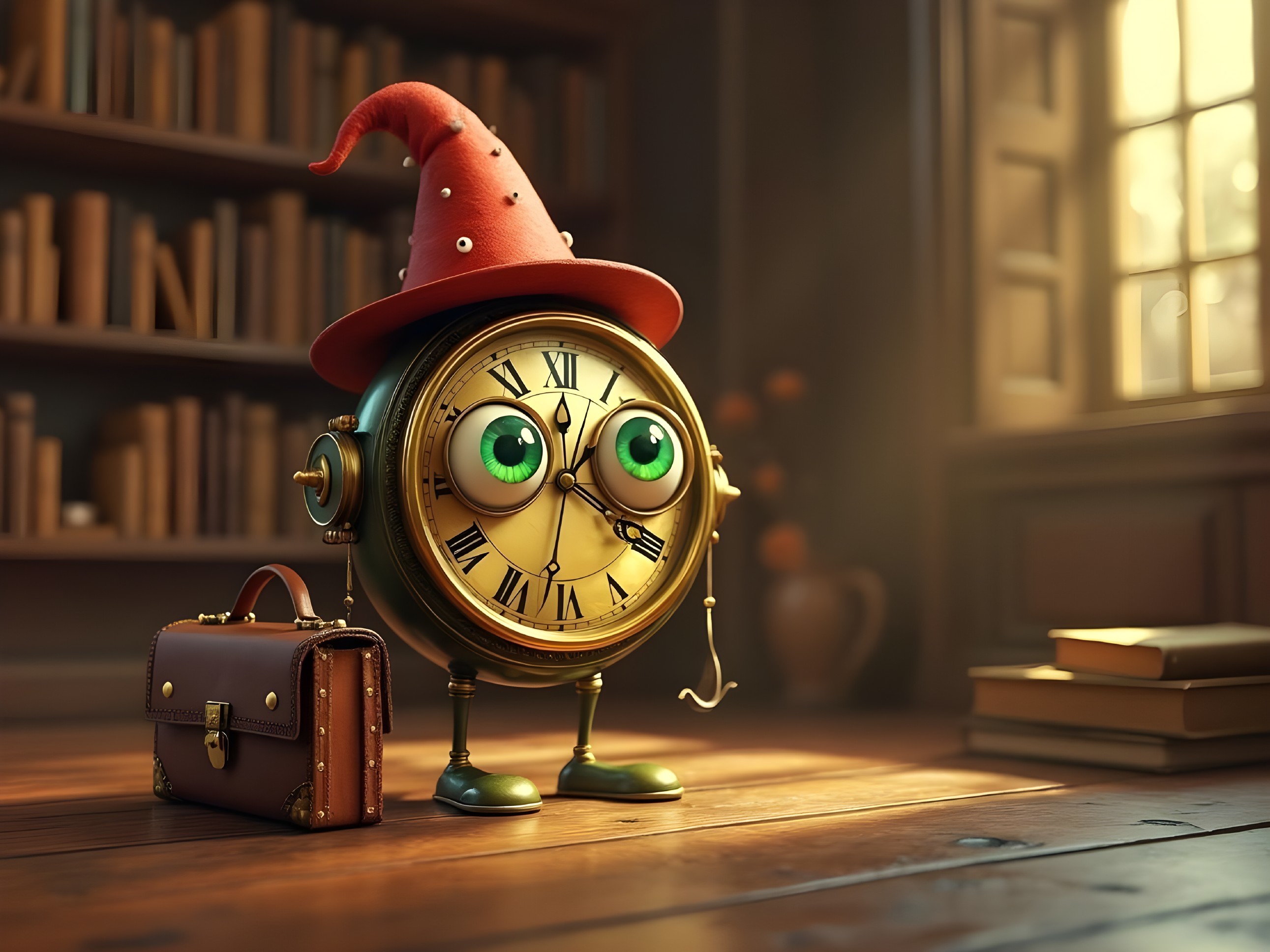 Whimsical Clock Character in Cozy Library Setting
