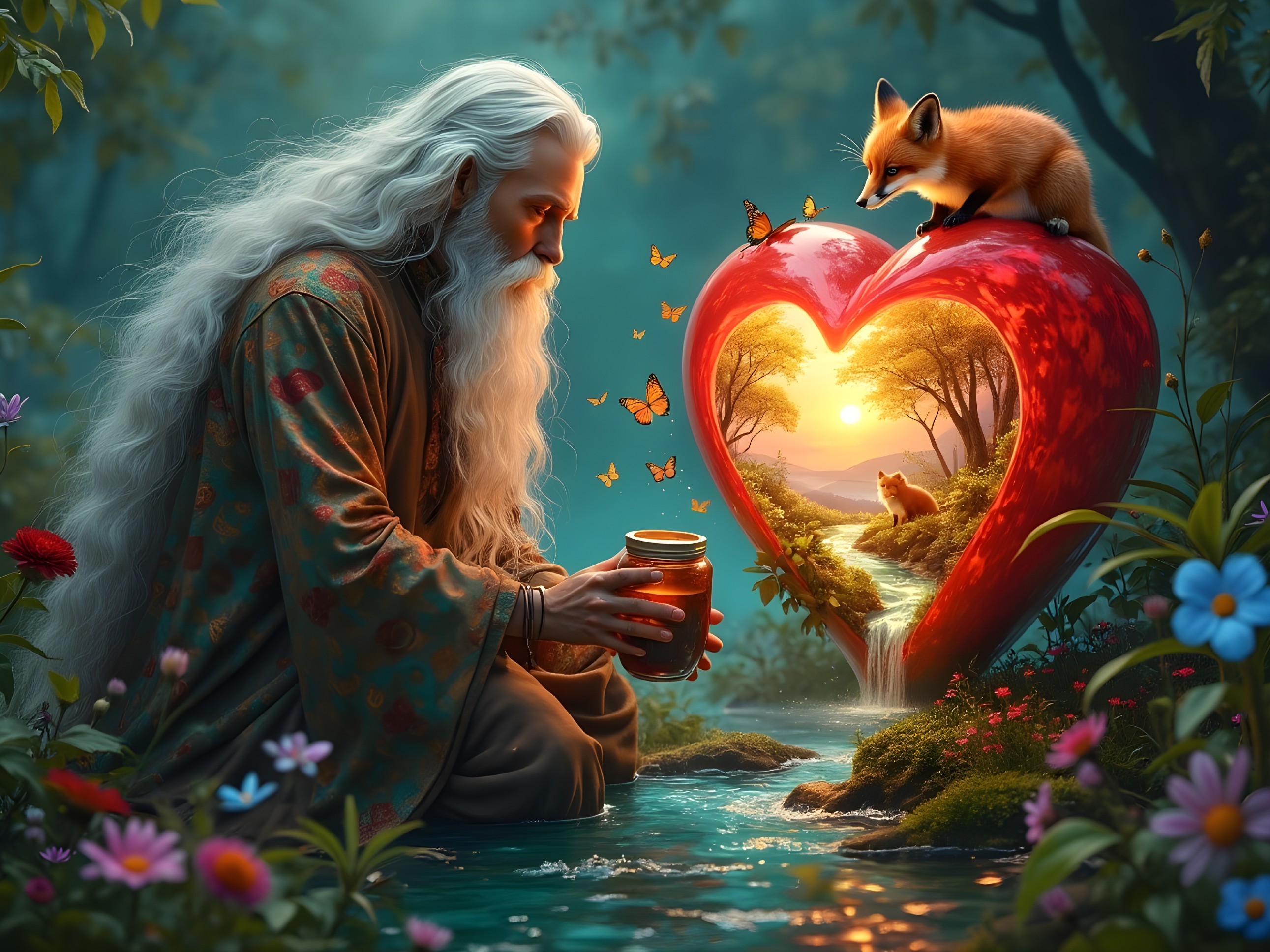 Forest Scene with Wise Figure and Glowing Rock