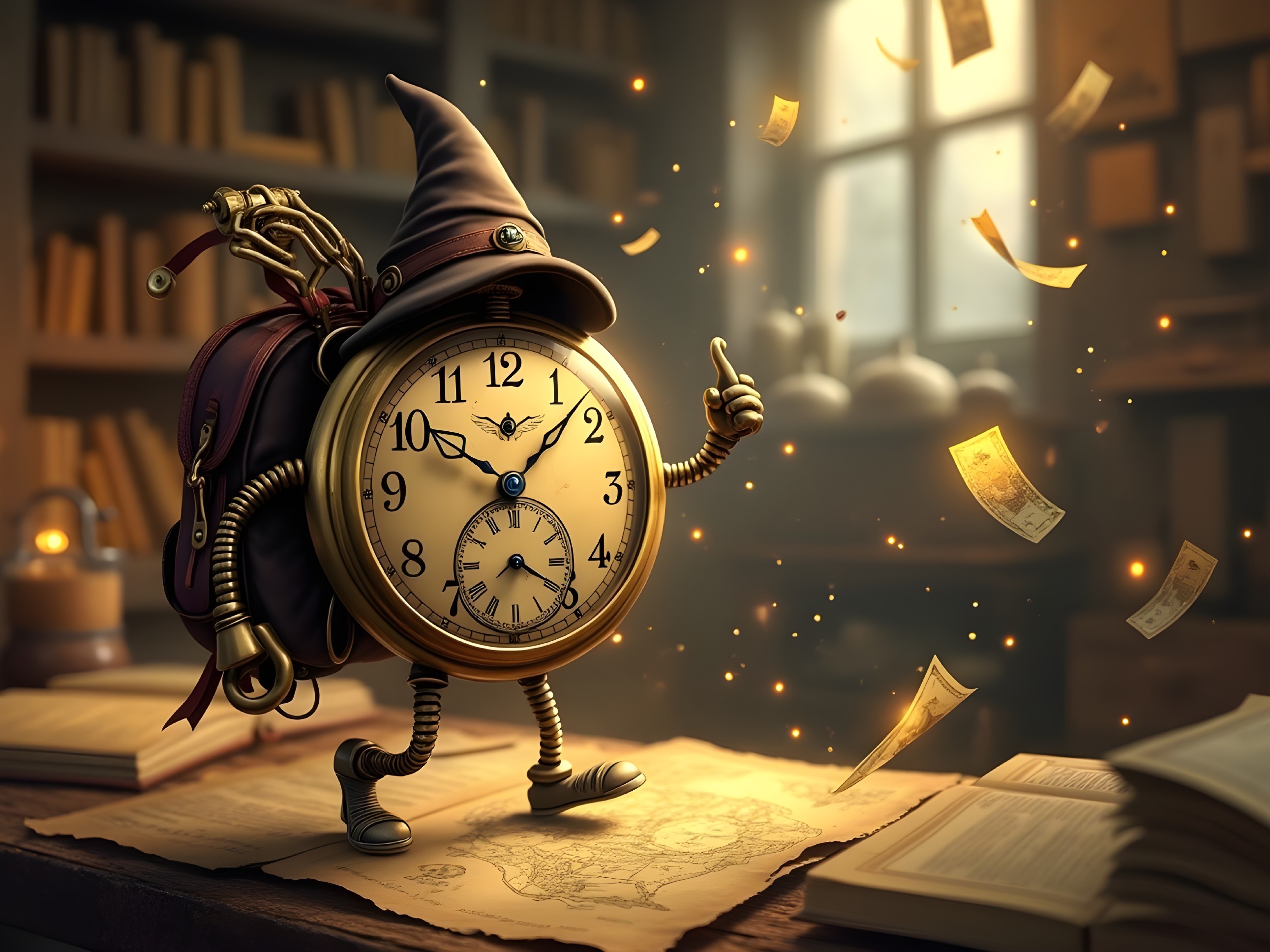 Whimsical Clock with Wizard Hat in Cozy Study Setting