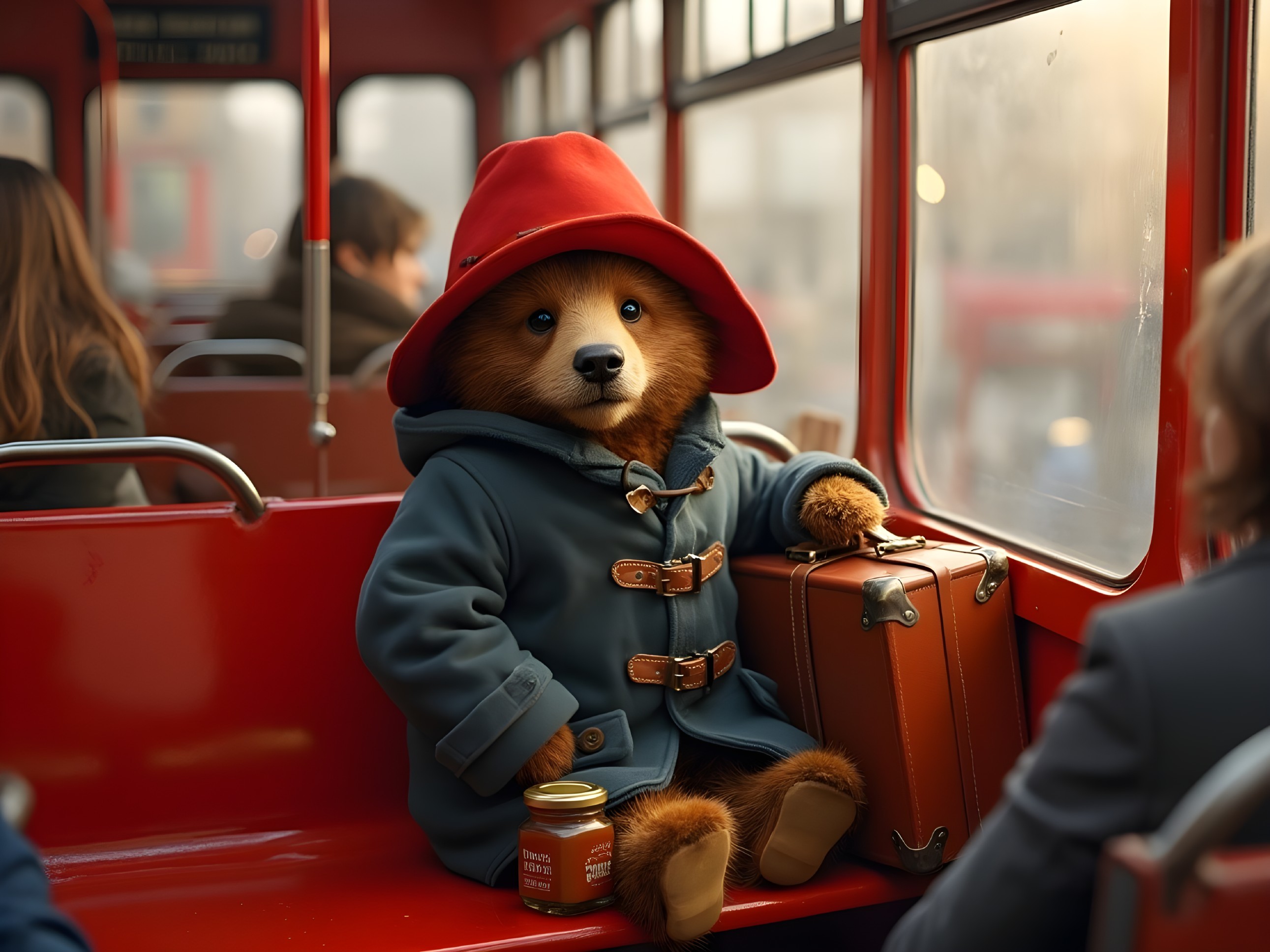 Bear in Red Hat on Bus with Marmalade and Suitcase