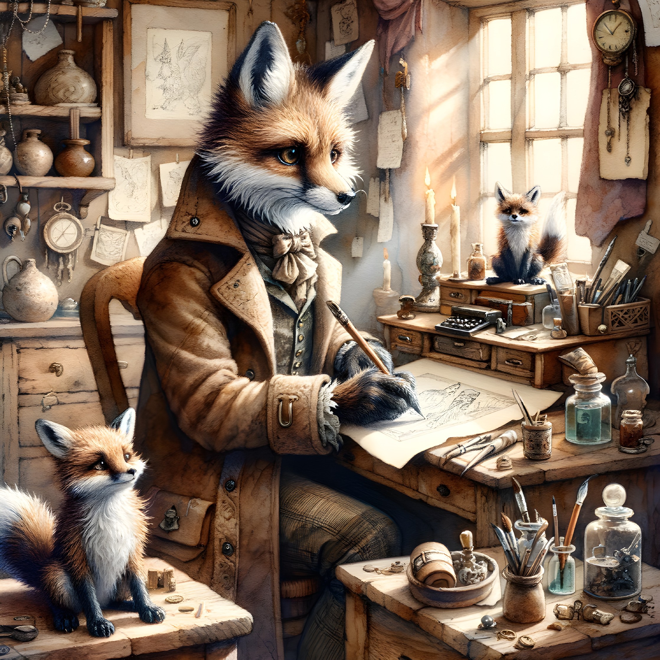 Fox in Vintage Attire Sketches in Cozy Workshop