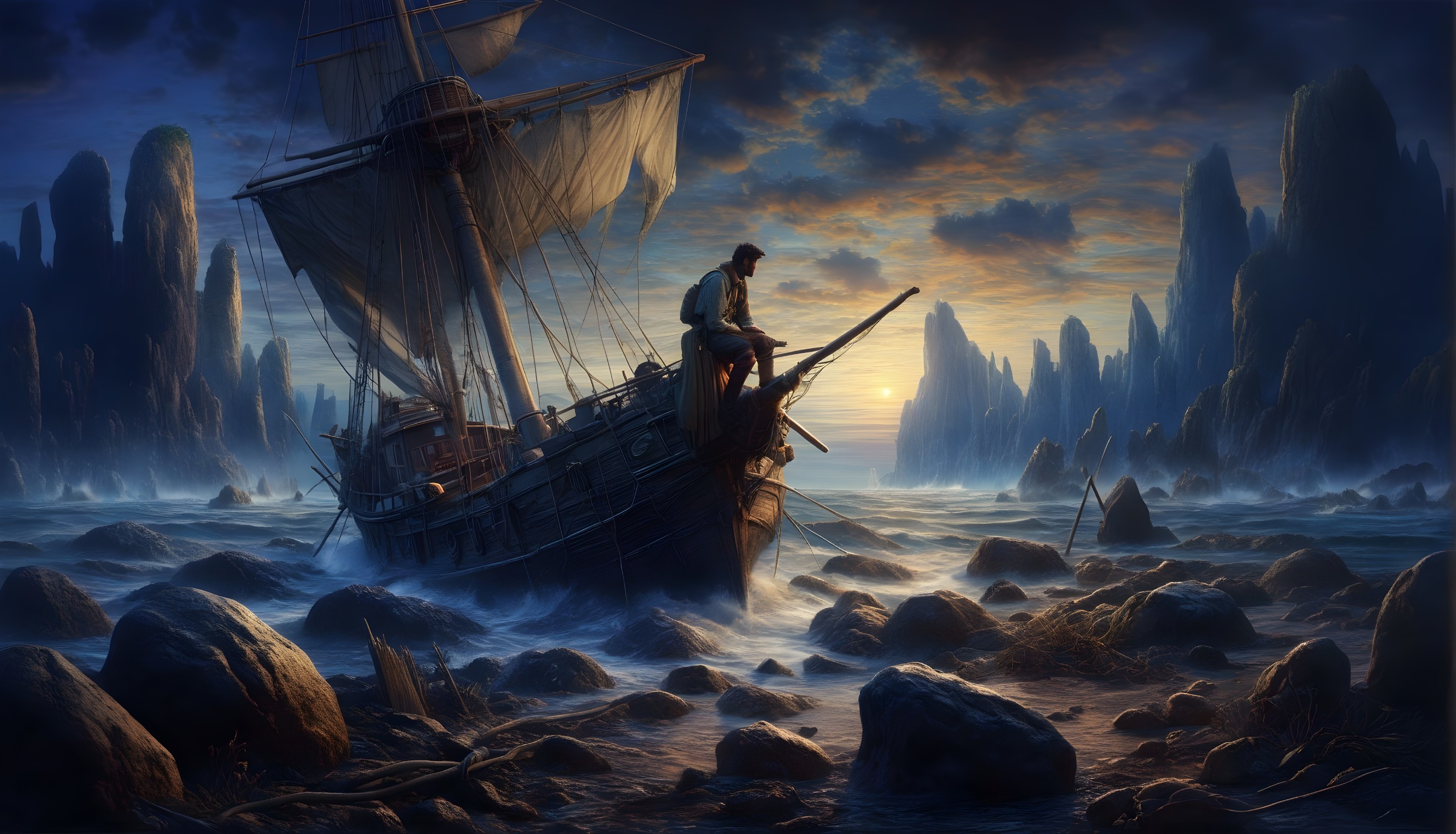 Person on Ship Bow in Rocky Waters at Sunset