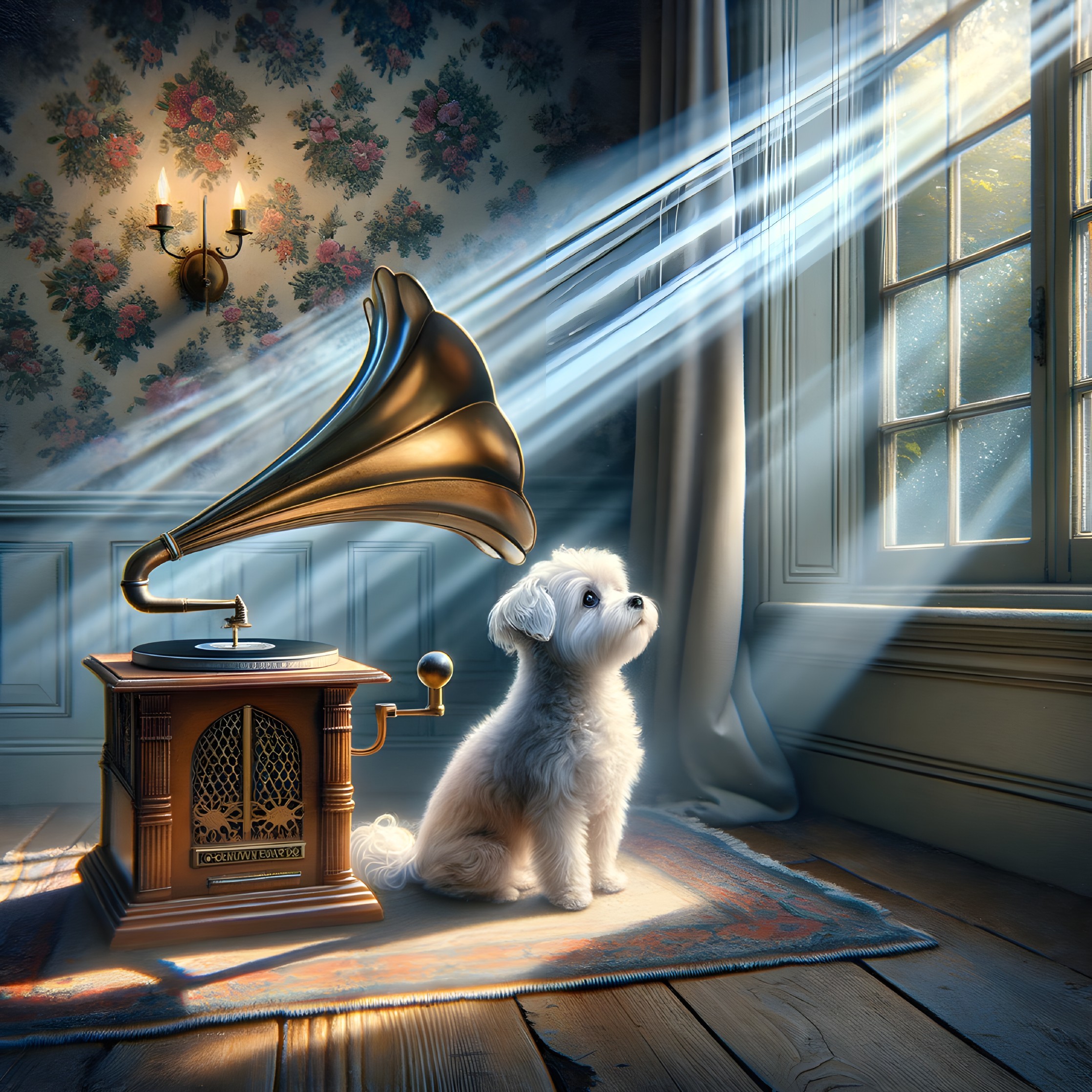 Fluffy White Dog Beside Vintage Gramophone in Warm Room