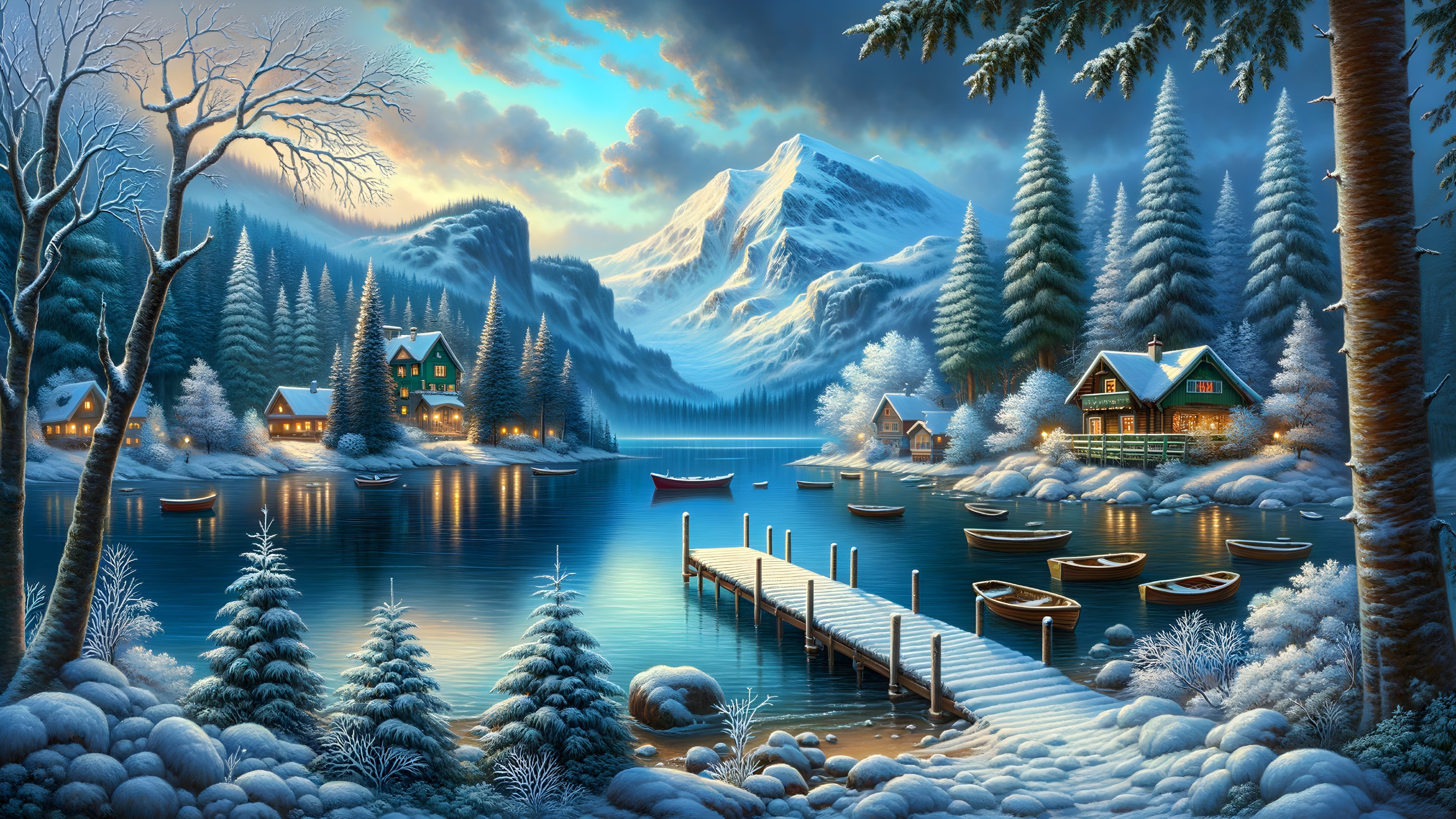 Tranquil Winter Scene with Lake and Snowy Mountains