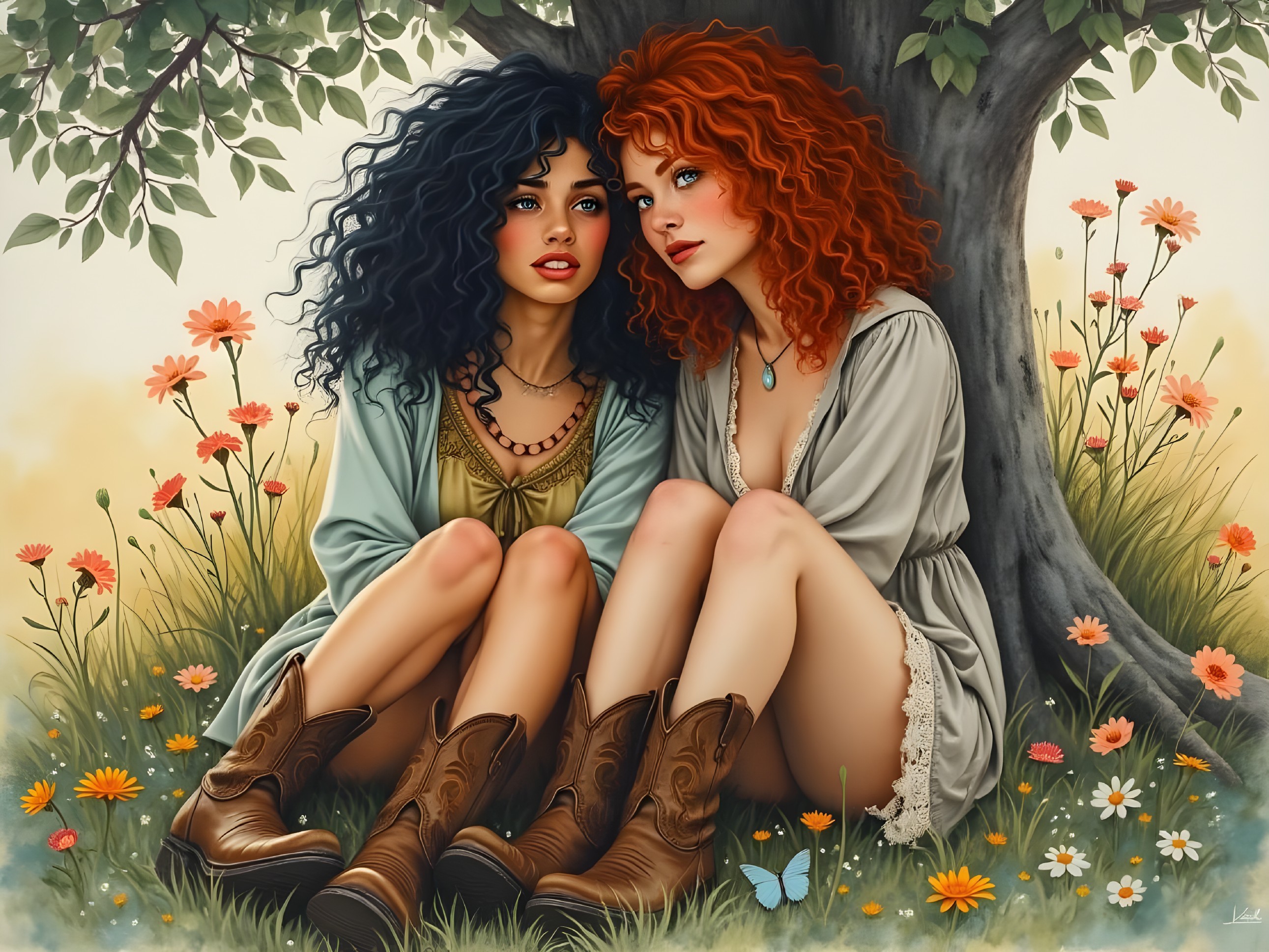 Young women under tree with flowers and cowboy boots