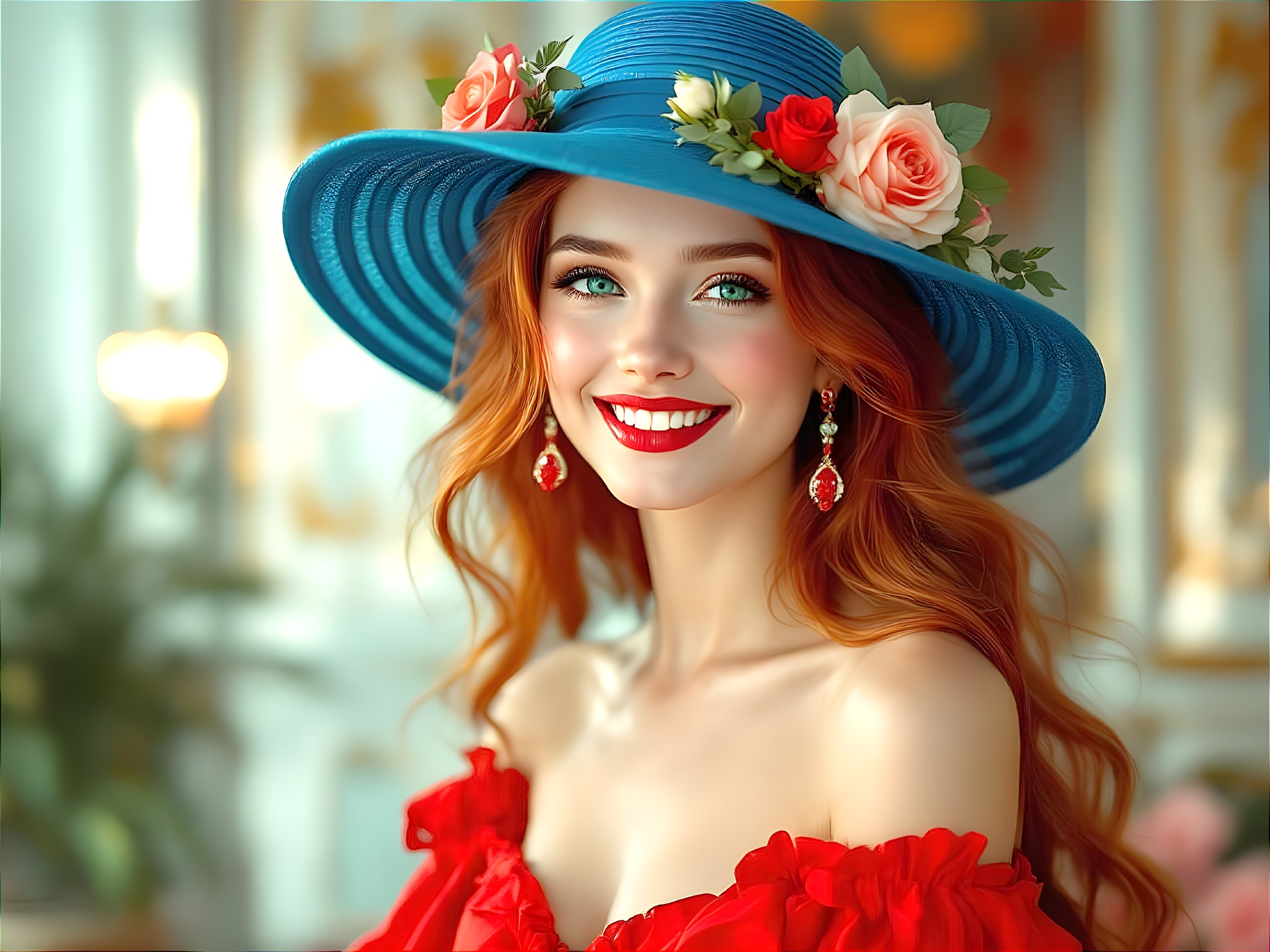 Young woman with red hair in floral blue hat and dress