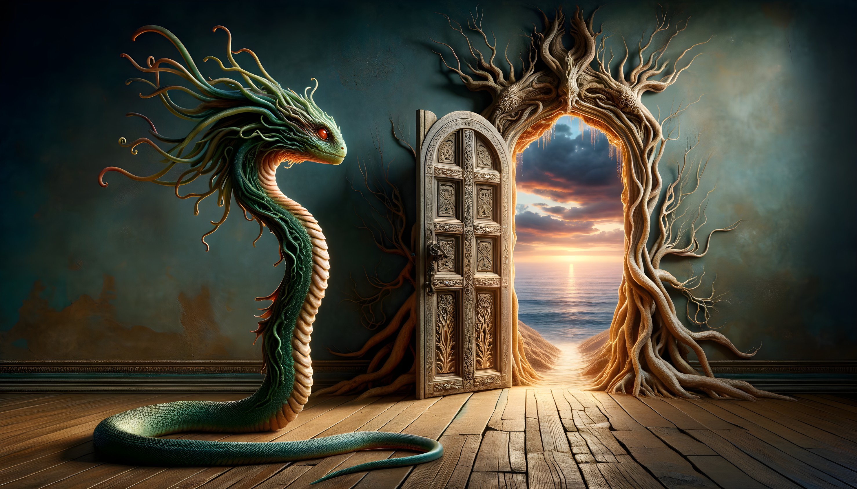 Mythical Serpent Creature by Ornate Wooden Door