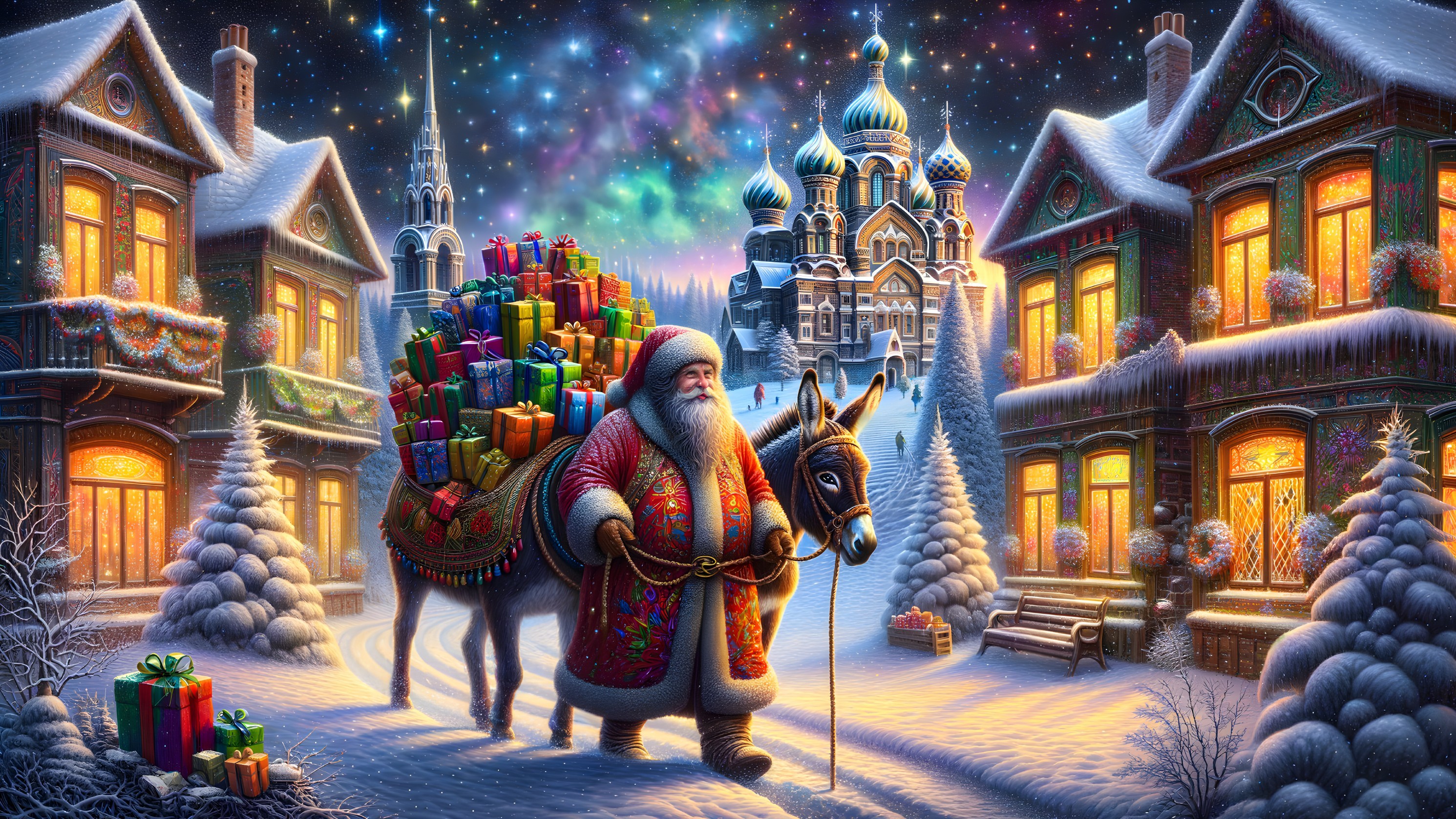 Santa Claus in a festive village with gifts and lights