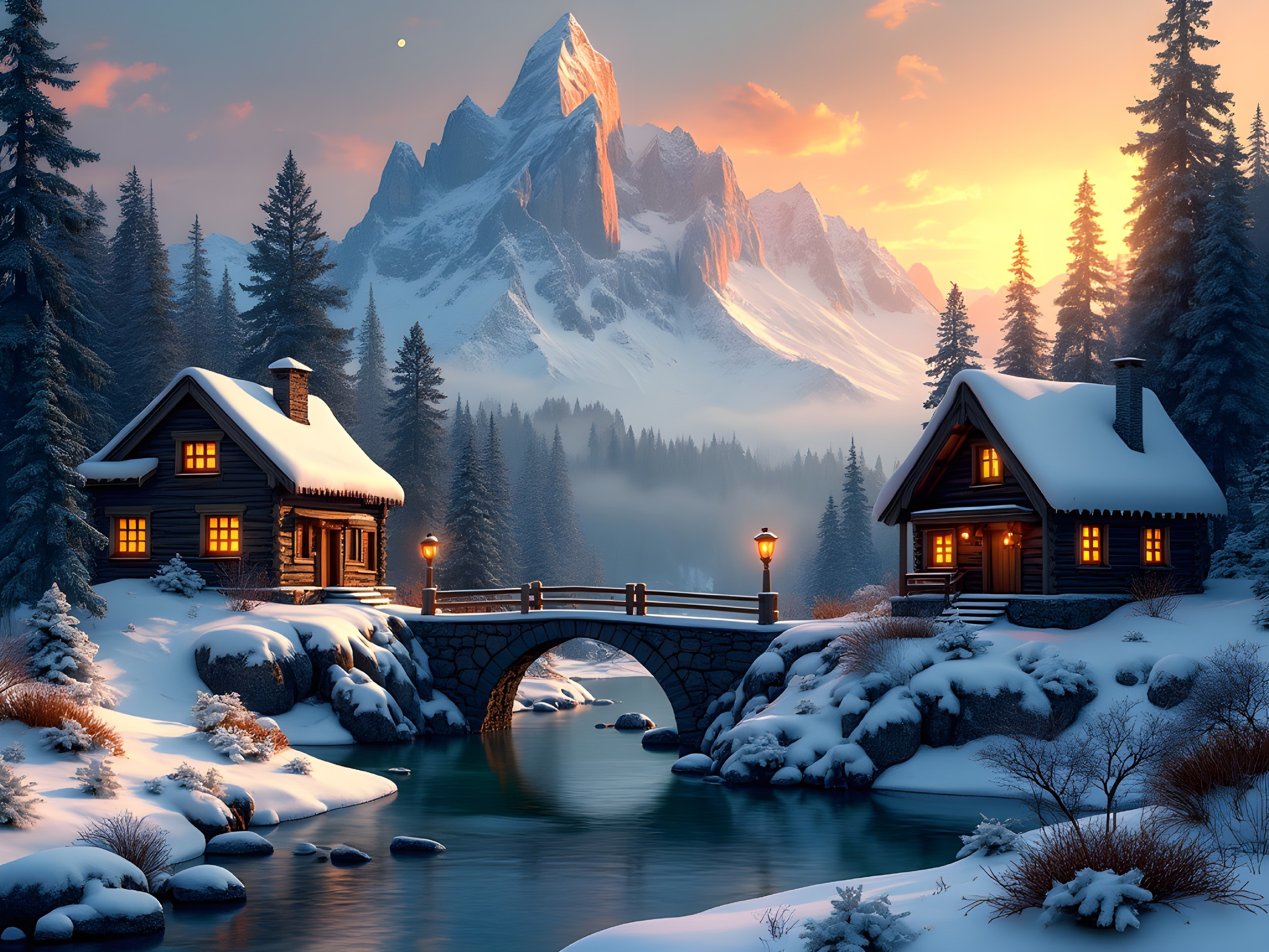 Winter Landscape with Log Cabins and Snowy Forest