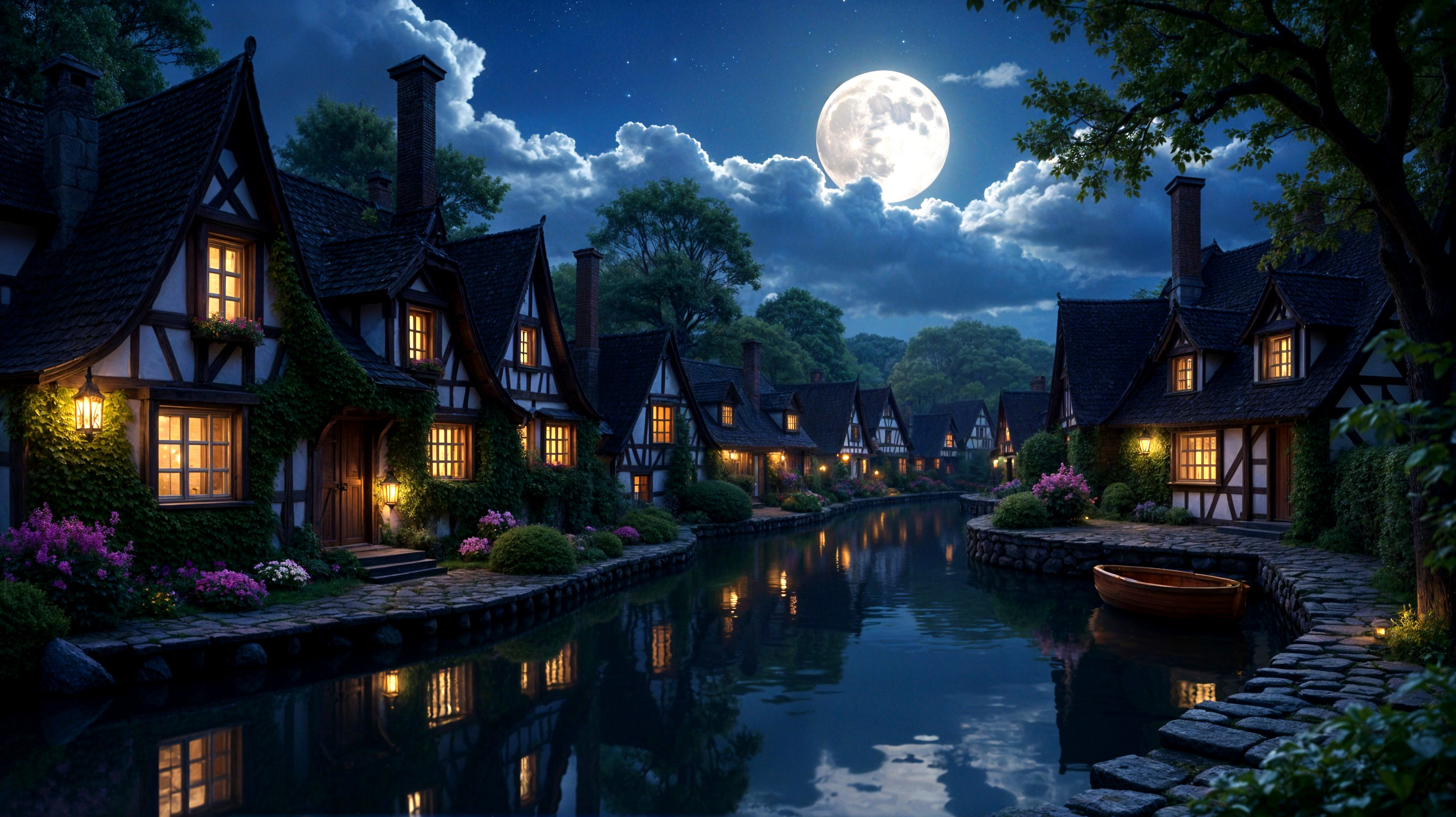 Tranquil Village Scene Under a Full Moon