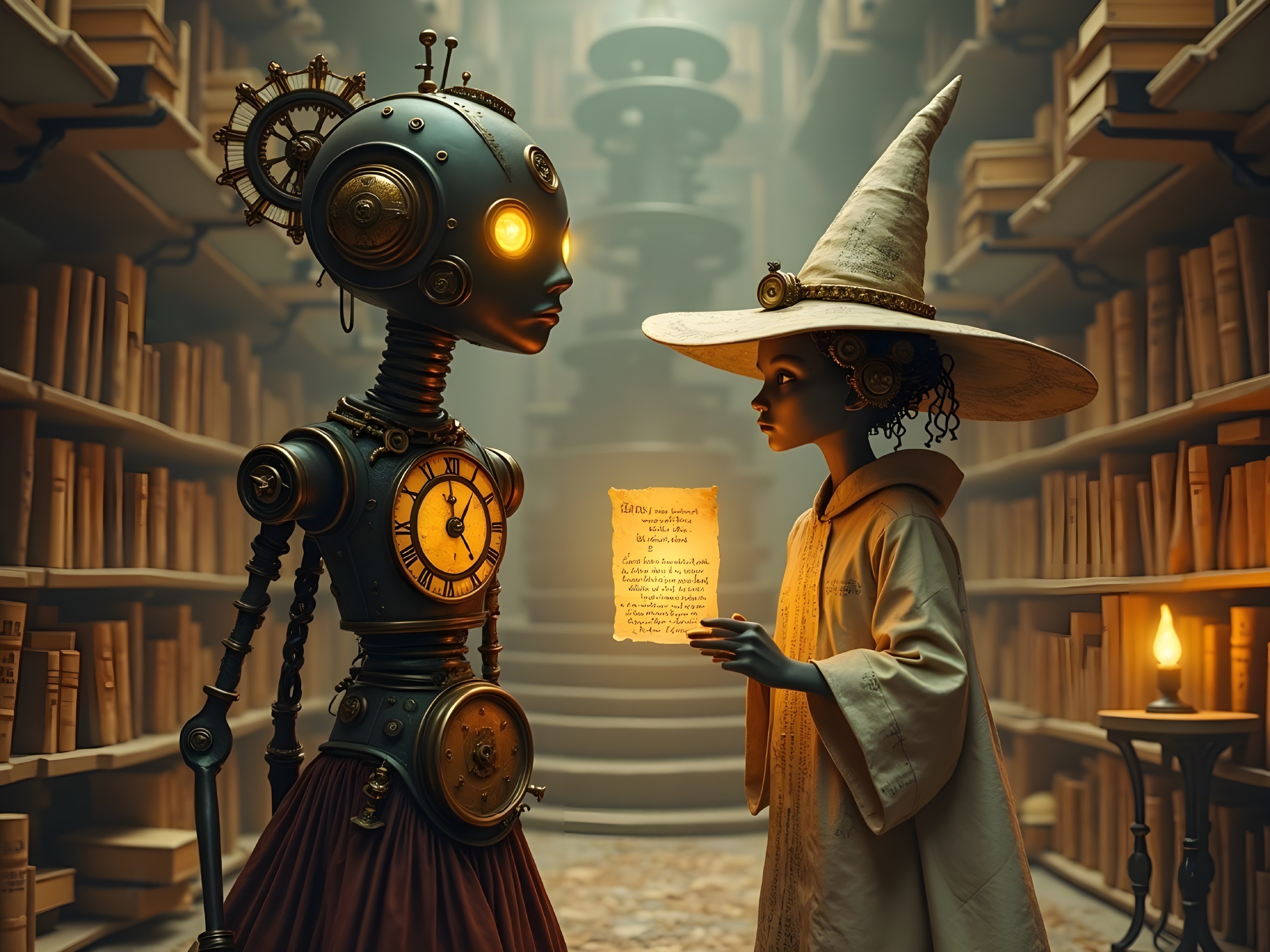 Humanoid Robot and Witch in Mystical Library Setting