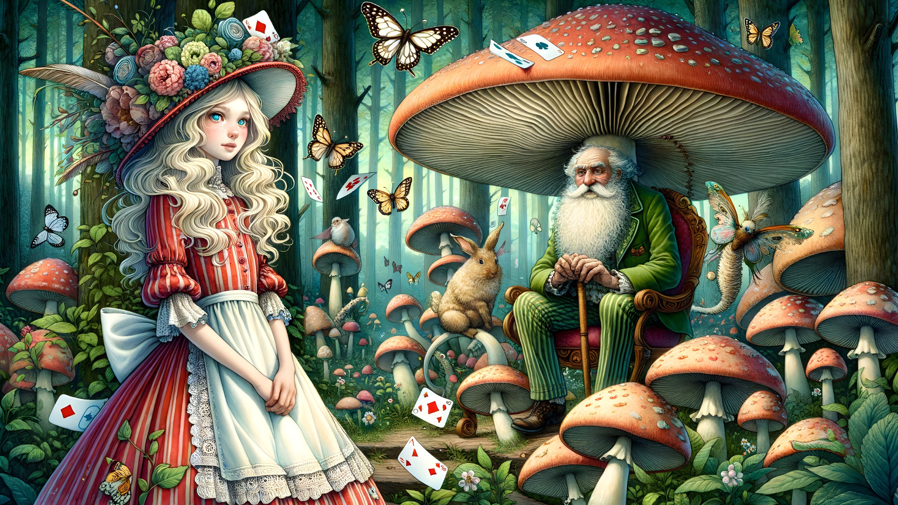 Whimsical forest scene with girl and elderly man