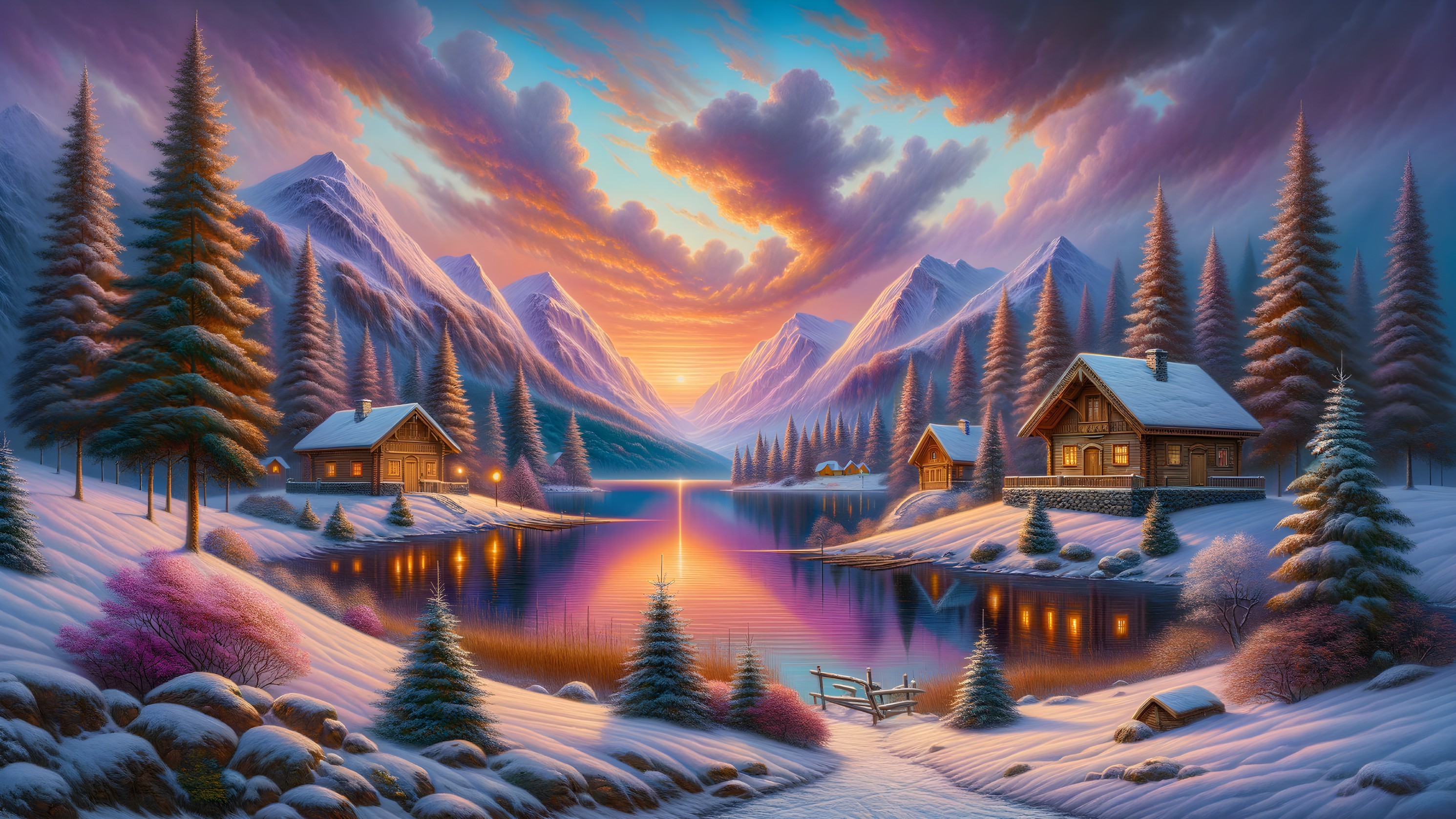 Winter Landscape with Cabins and Tranquil Lake