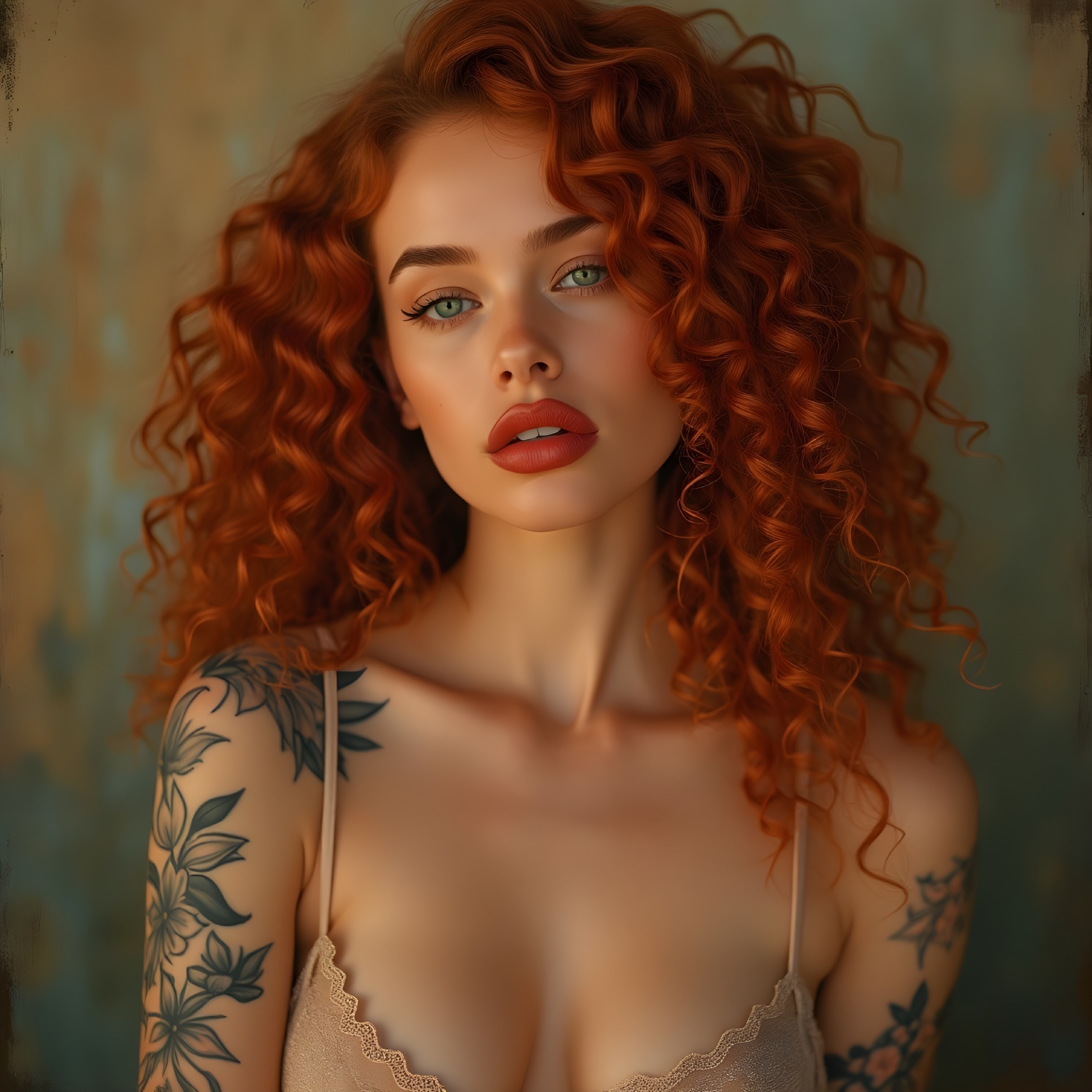 Portrait of a woman with red curly hair and tattoos