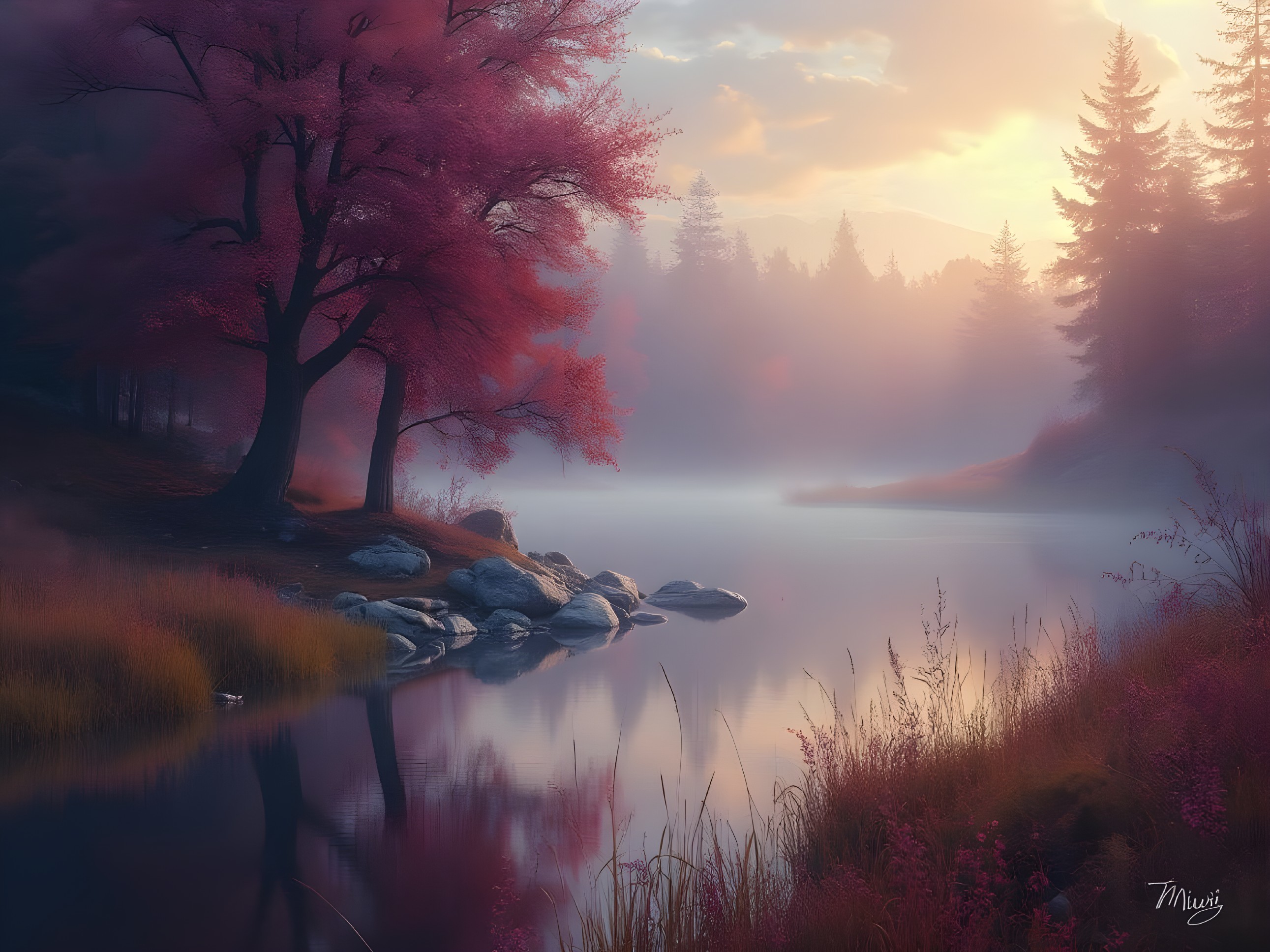 Tranquil Lake Surrounded by Autumn Foliage and Mist