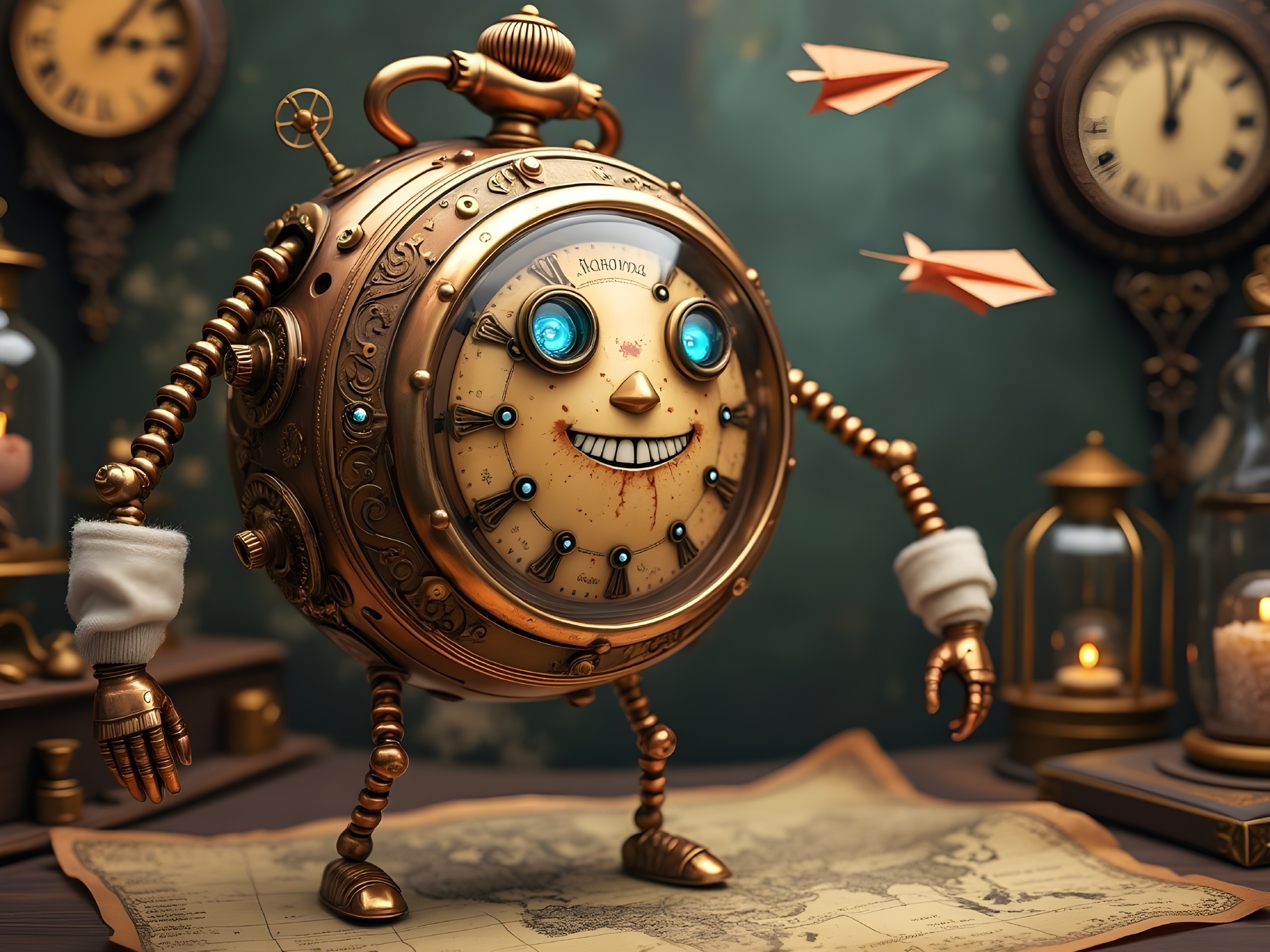 Whimsical Steampunk Clockwork Figure on Old Map