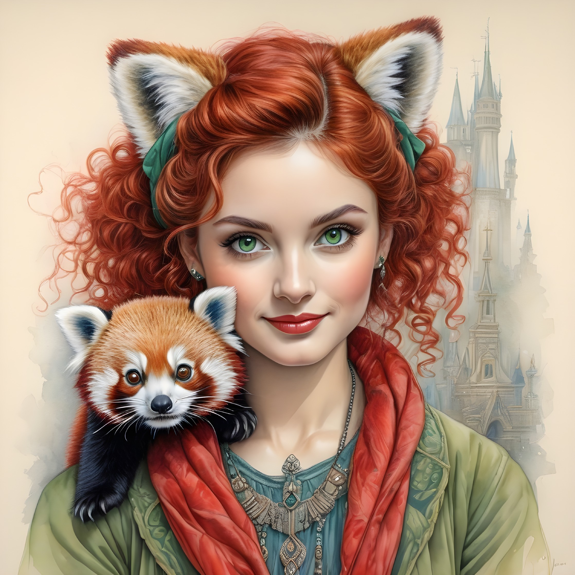 Whimsical Portrait of a Girl with Red Hair and Panda