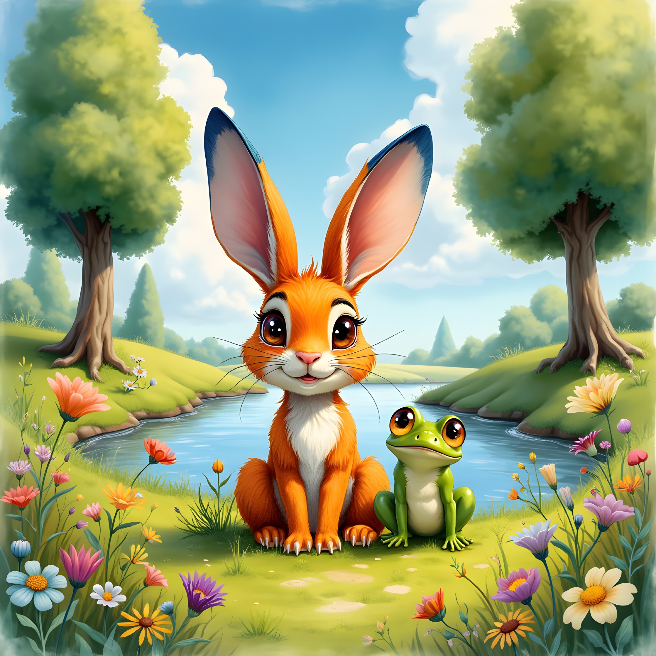 Cheerful Rabbit and Frog in a Colorful Landscape